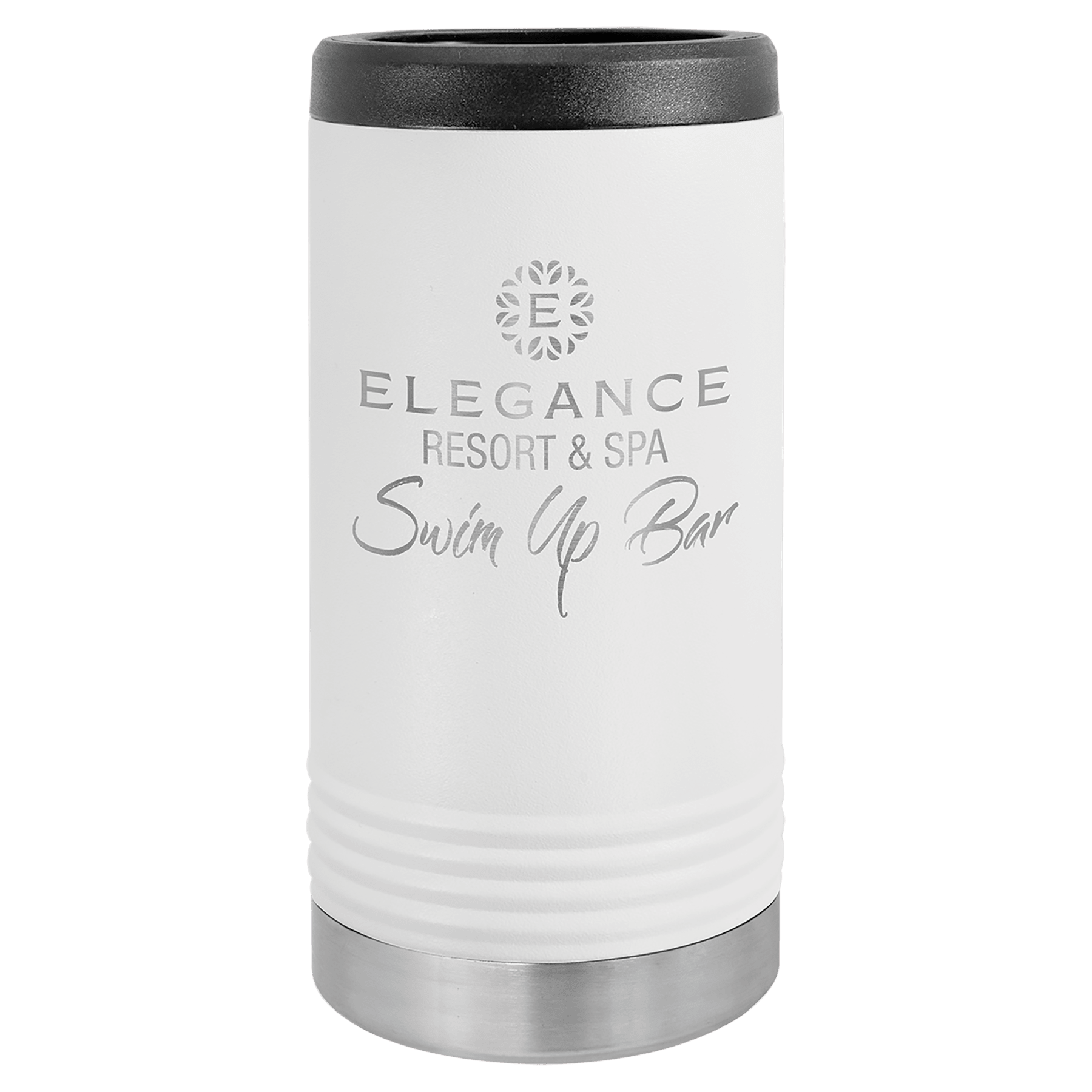 White Polar Camel slim can beverage holder with black top, silver base, and "Elegance Resort & Spa Swim Up Bar" engraving.