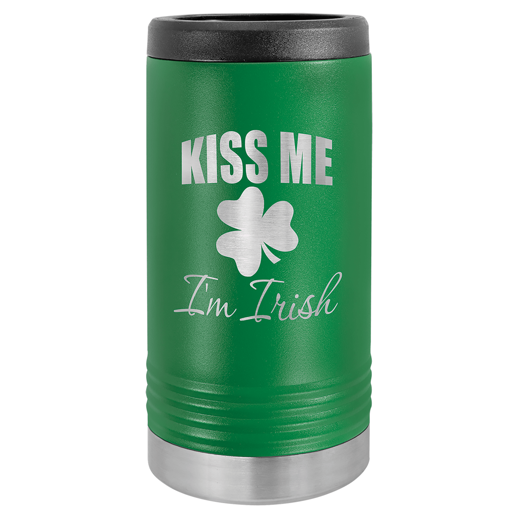 Green Polar Camel slim can beverage holder with "Kiss Me I'm Irish" and a shamrock design.