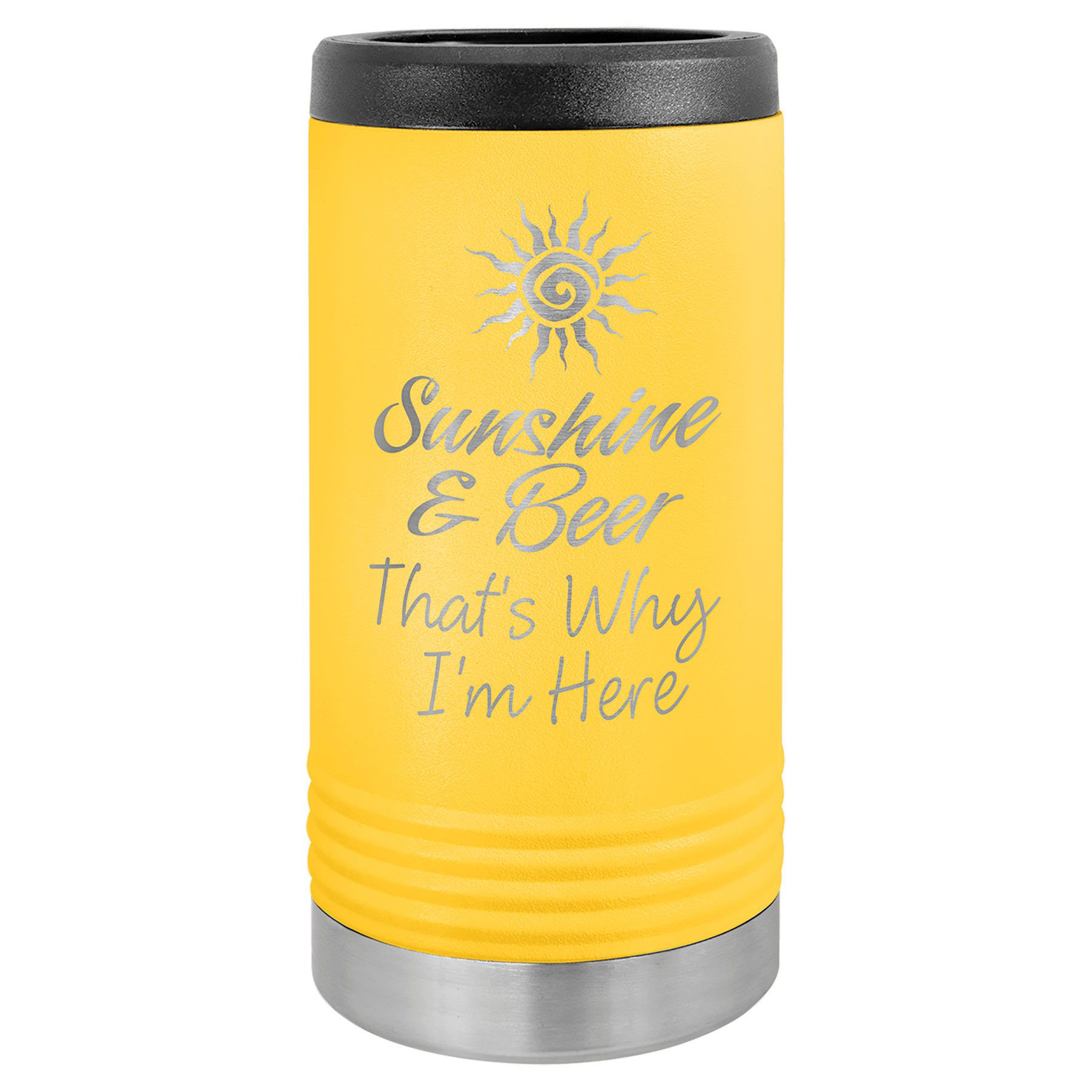 Yellow Polar Camel slim can beverage holder with "Sunshine & Beer That's Why I'm Here" engraving.
