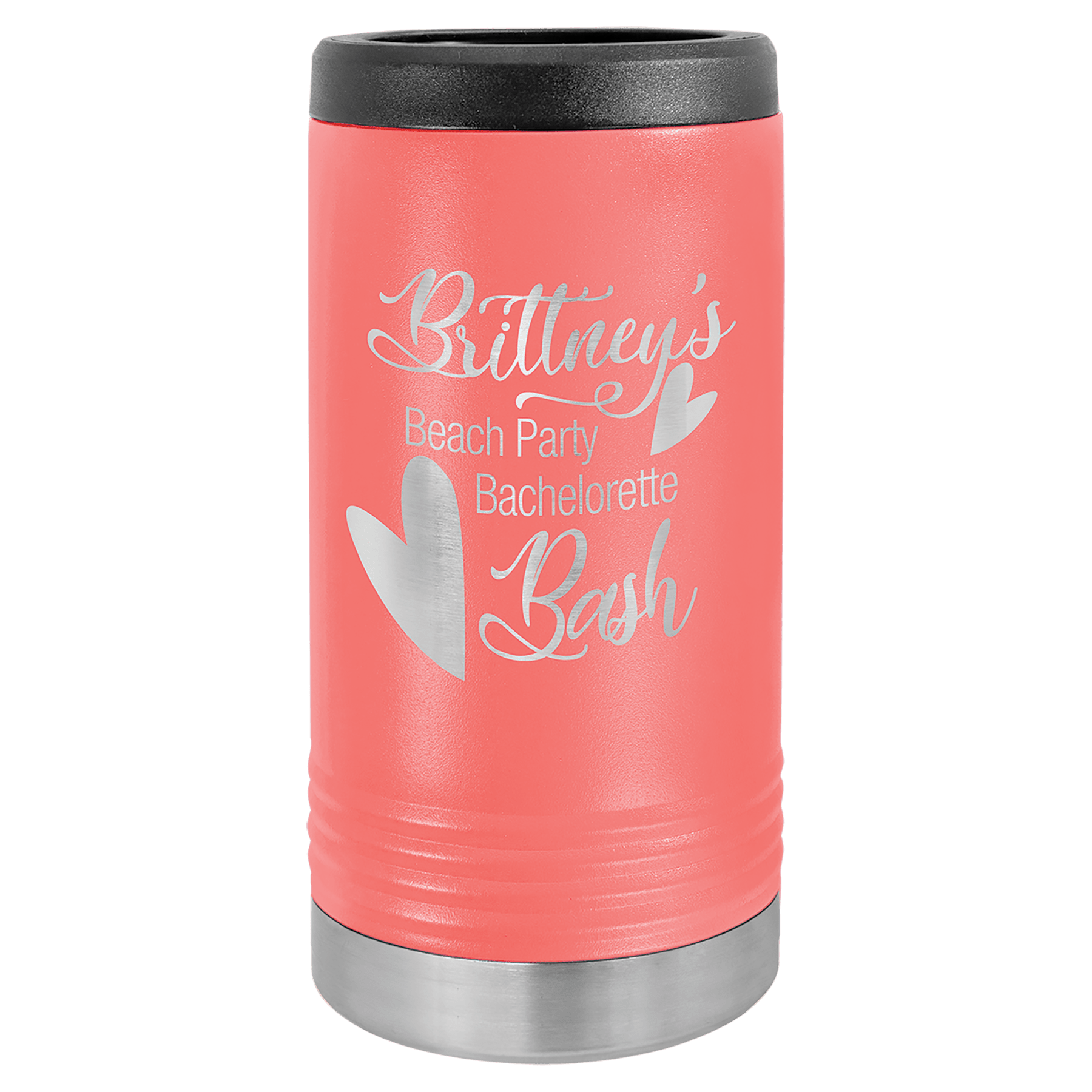 Coral Polar Camel slim can beverage holder with "Brittney's Beach Party Bachelorette Bash" engraving.