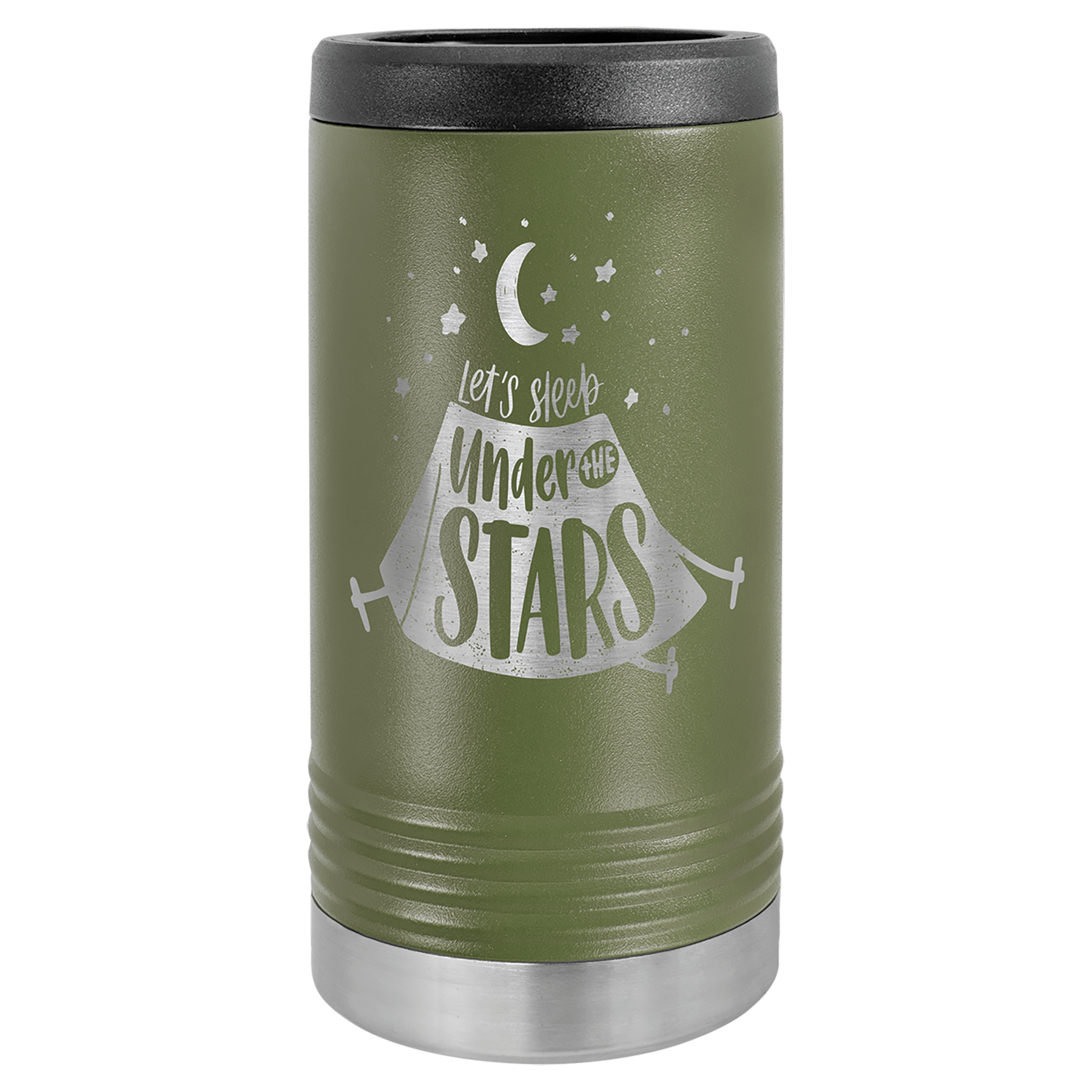 Olive green Polar Camel slim can beverage holder with "Let's sleep Under the Stars" design.