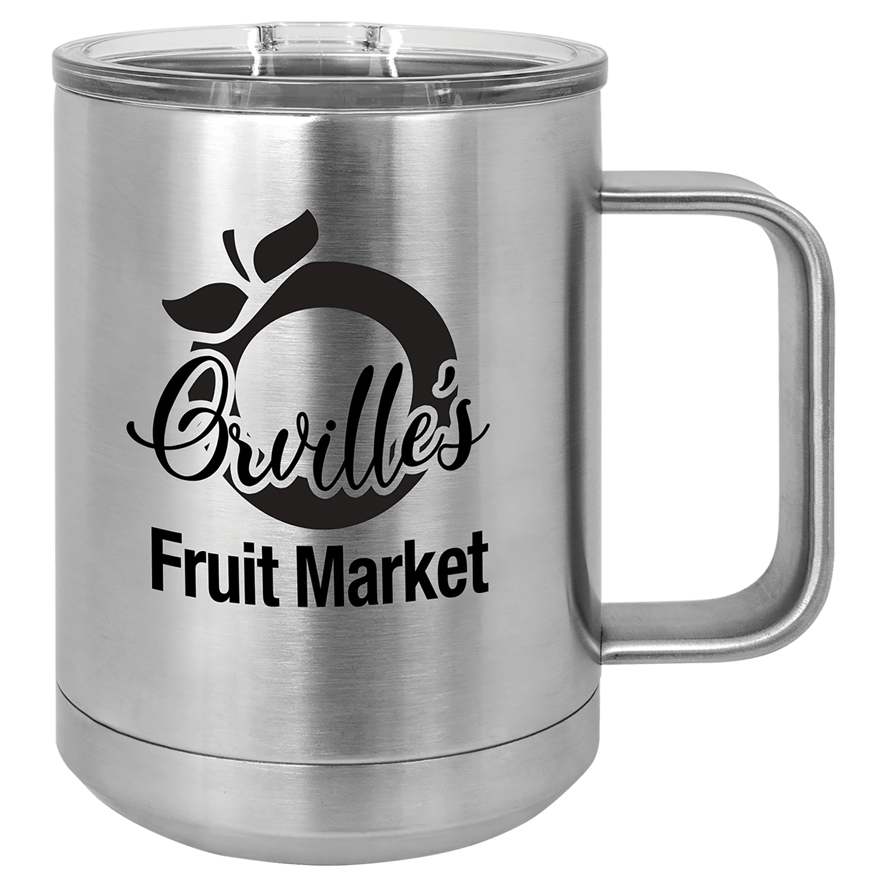 15 oz. stainless steel vacuum insulated mug with clear slider lid and "Orville's Fruit Market" logo.