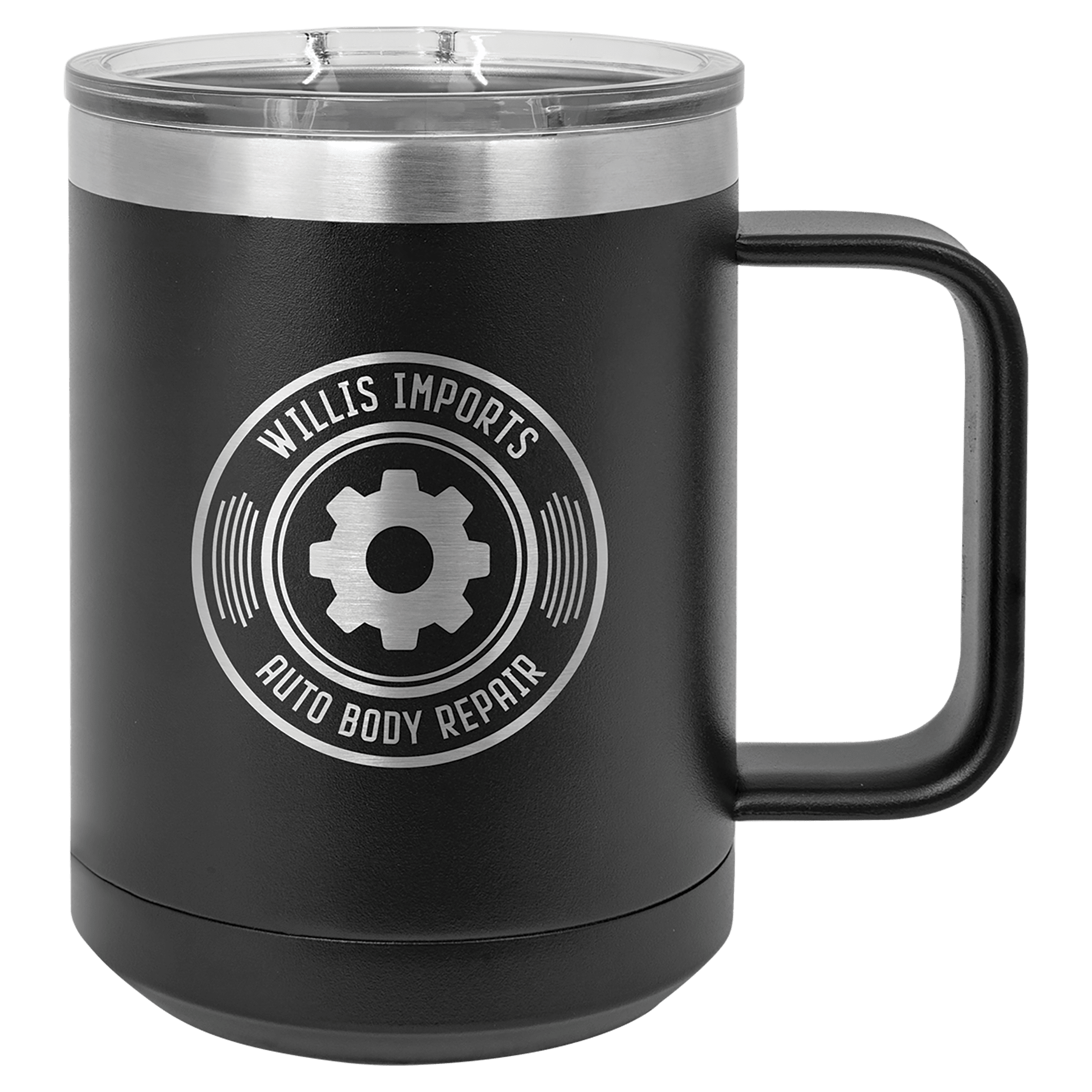 Black 15 oz. stainless steel vacuum insulated mug with a clear slider lid and silver Willis Imports logo.
