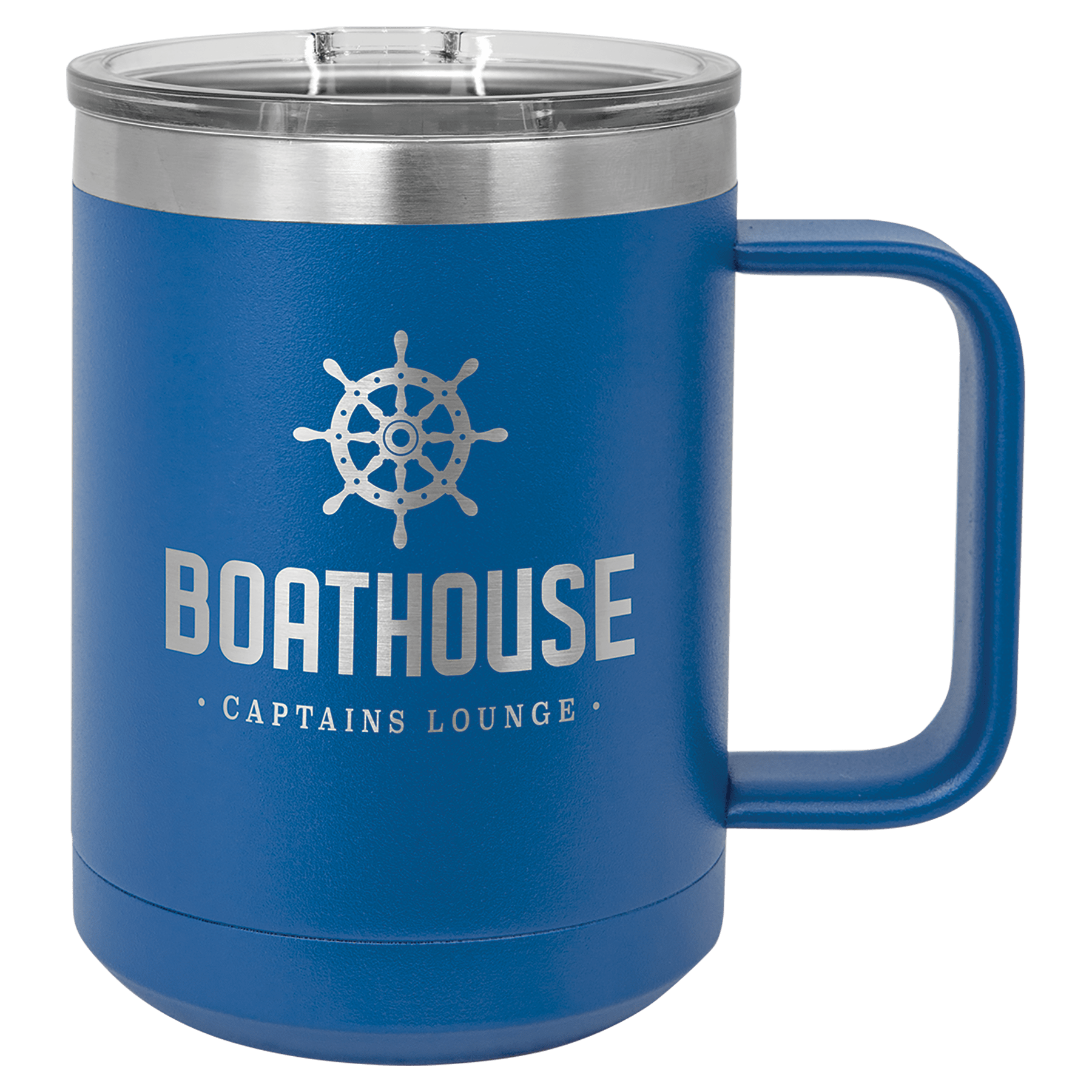 Blue 15 oz. stainless steel vacuum insulated mug with "BOATHOUSE" logo and clear slider lid.