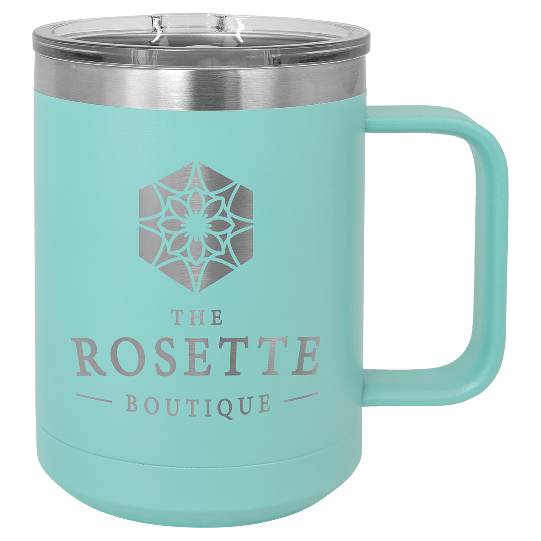 Teal 15 oz stainless steel vacuum insulated mug with a clear slider lid and "The Rosette Boutique" logo.