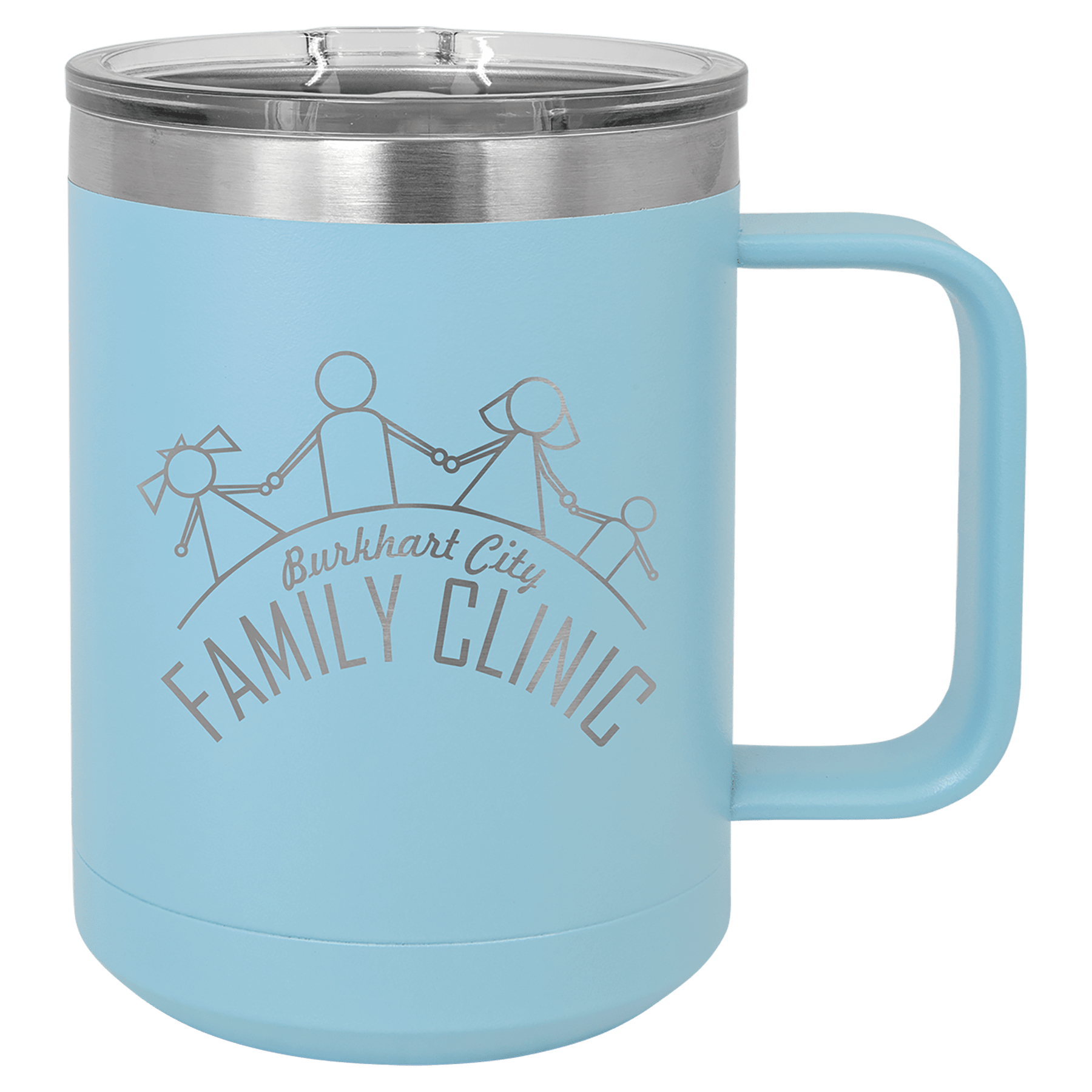 Light blue 15 oz. stainless steel vacuum insulated mug with "Burkhart City Family Clinic" logo and clear slider lid.