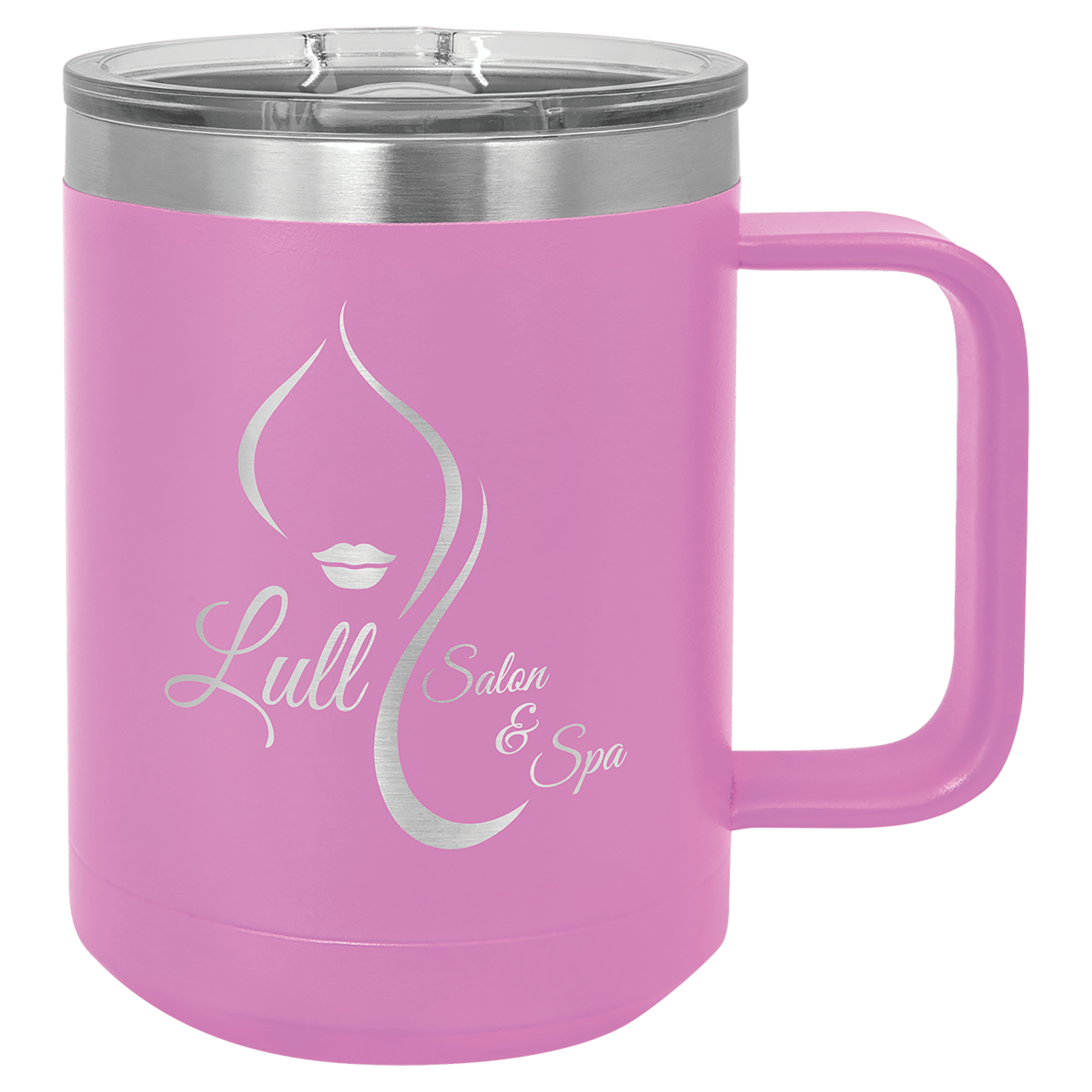 Pink 15 oz. stainless steel vacuum insulated mug with a clear slider lid and "Lull Salon & Spa" logo.