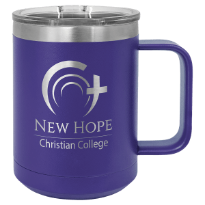 Purple 15 oz. stainless steel vacuum insulated mug with "New Hope Christian College" logo and clear slider lid.