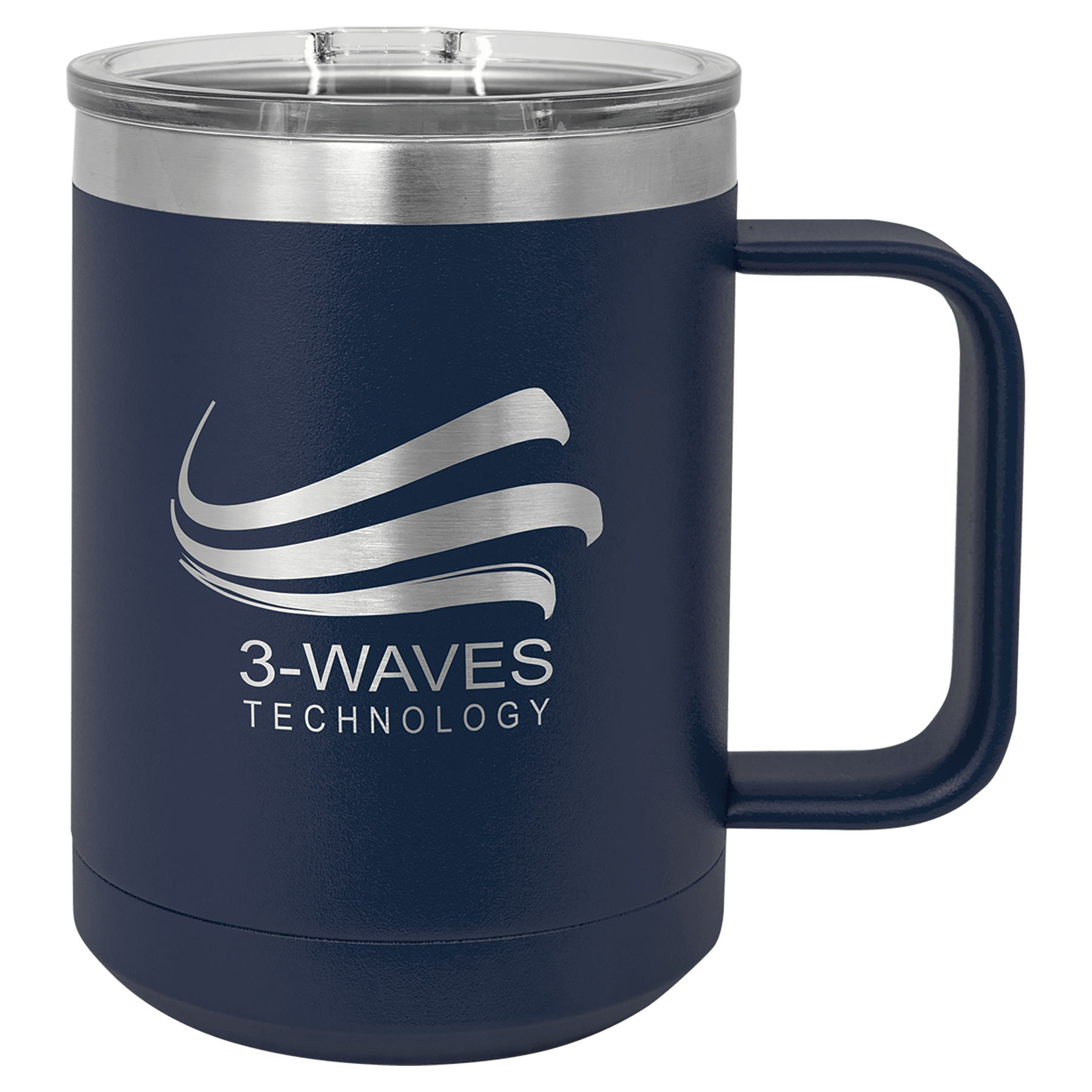 Navy 15 oz. stainless steel vacuum insulated mug with clear slider lid and "3-WAVES TECHNOLOGY" logo.