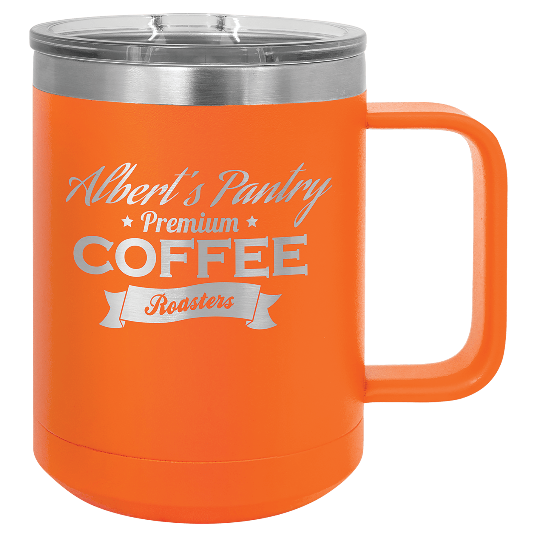 Orange 15 oz. stainless steel vacuum insulated mug with "Albert's Pantry Premium Coffee Roasters" engraving and clear slider lid.