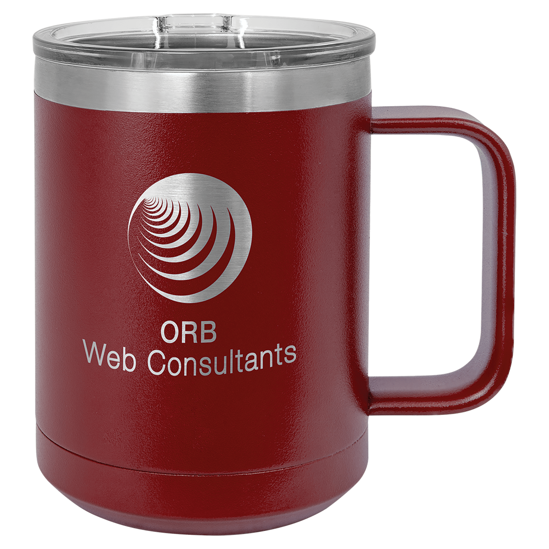 15 oz. maroon stainless steel vacuum insulated mug with clear slider lid and ORB Web Consultants logo.