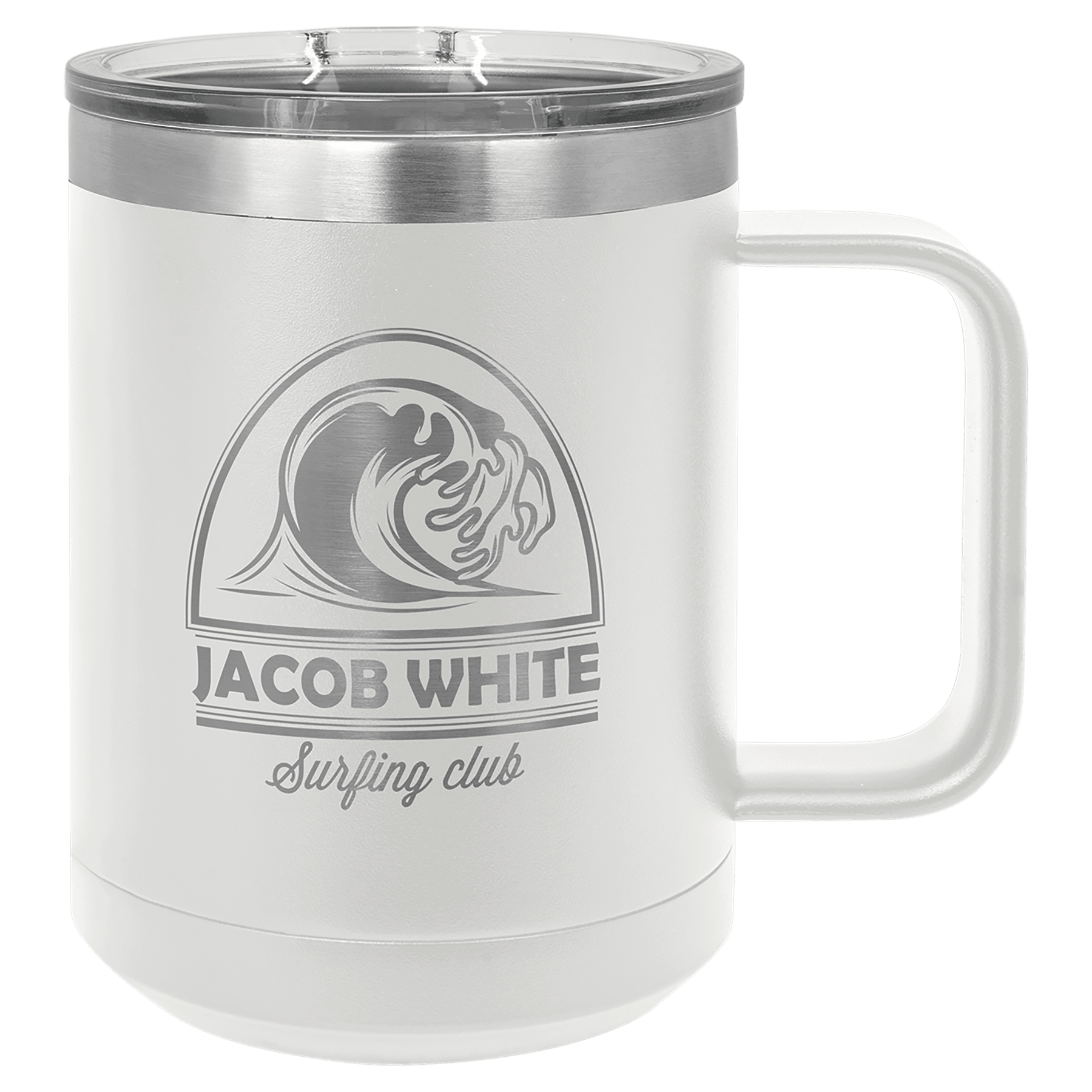 White 15 oz stainless steel vacuum insulated mug with clear slider lid and "Jacob White Surfing Club" wave logo.