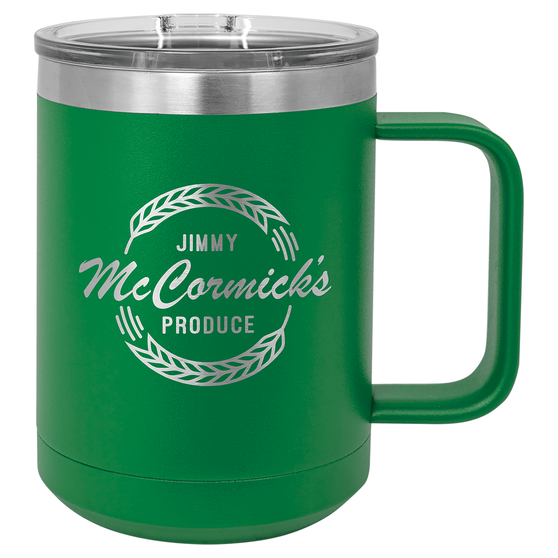 Green 15 oz. stainless steel vacuum insulated mug with silver rim, clear slider lid, and "Jimmy McCormick's Produce" logo.