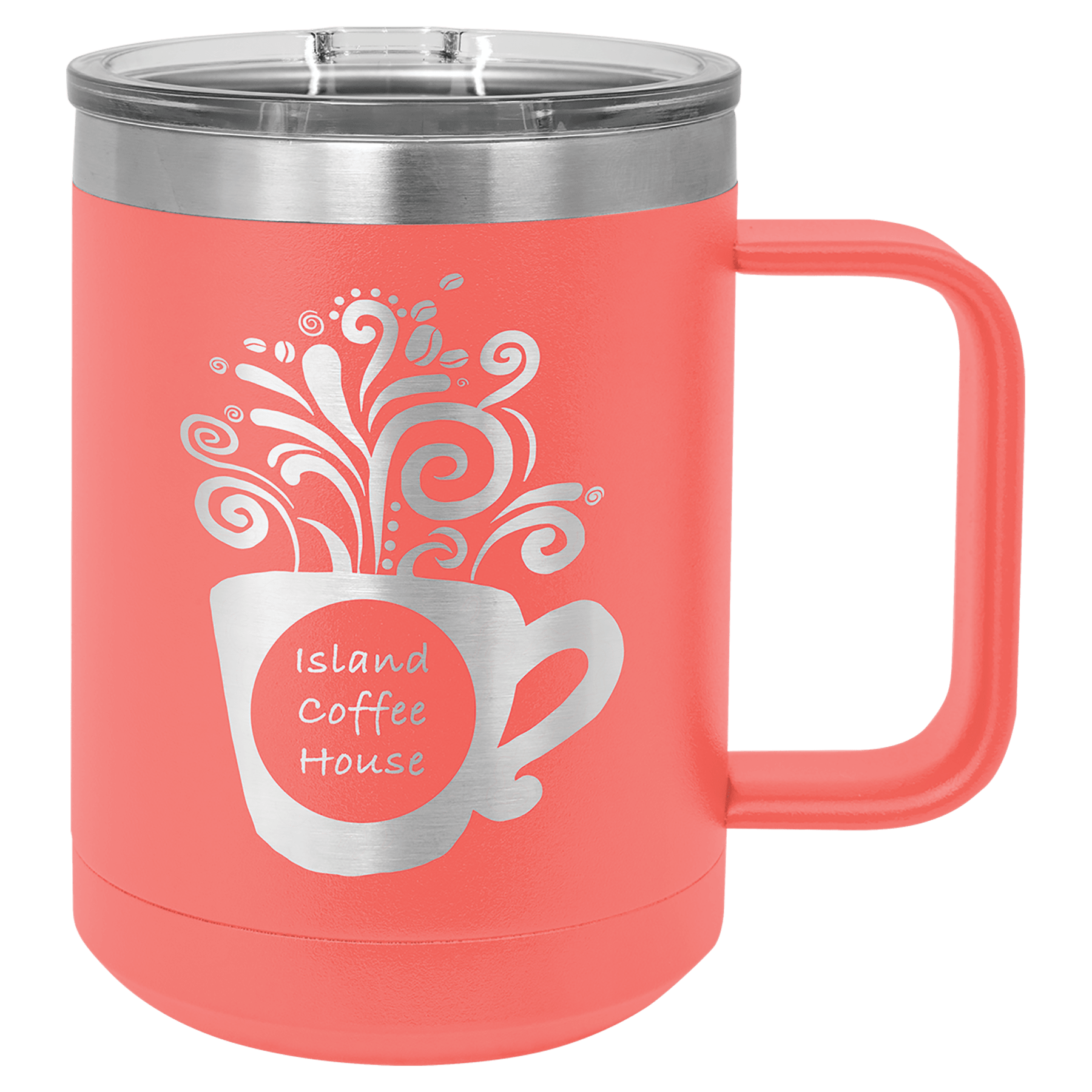 15 oz. coral stainless steel vacuum insulated mug with clear slider lid and "Island Coffee House" logo.