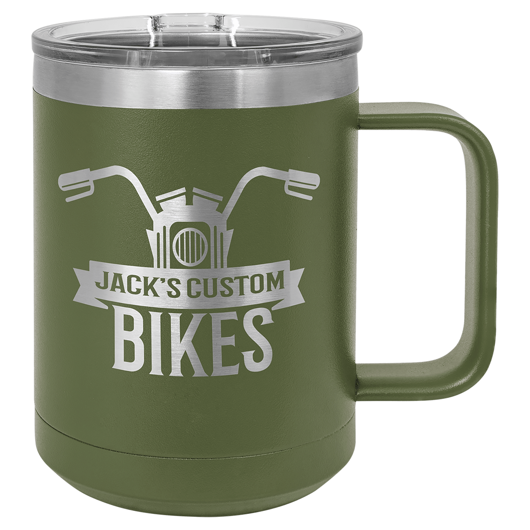 15 oz. olive green stainless steel vacuum insulated mug with "Jack's Custom Bikes" logo and clear slider lid.