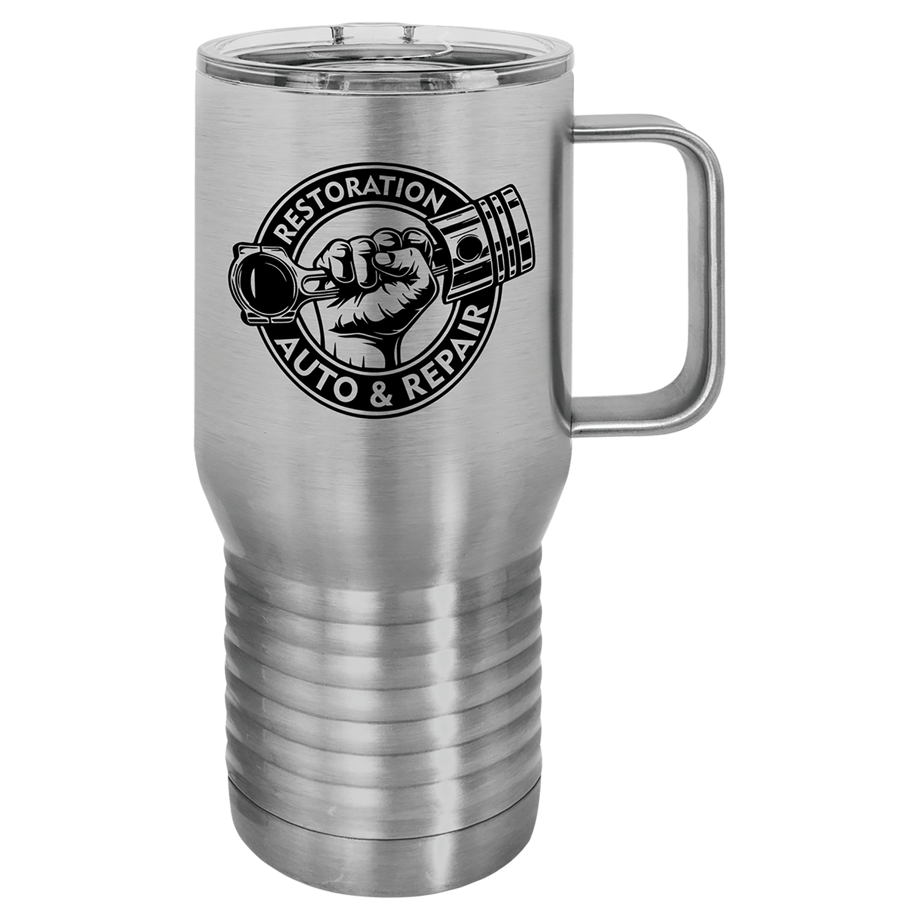 20 oz. brushed stainless steel travel mug with handle, clear slider lid, and "Restoration Auto & Repair" logo.