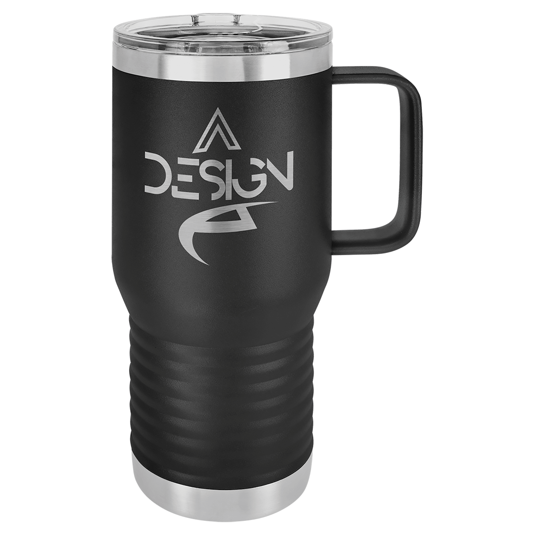 Black 20 oz. stainless steel travel mug with handle, clear slider lid, and "DESIGN" logo.