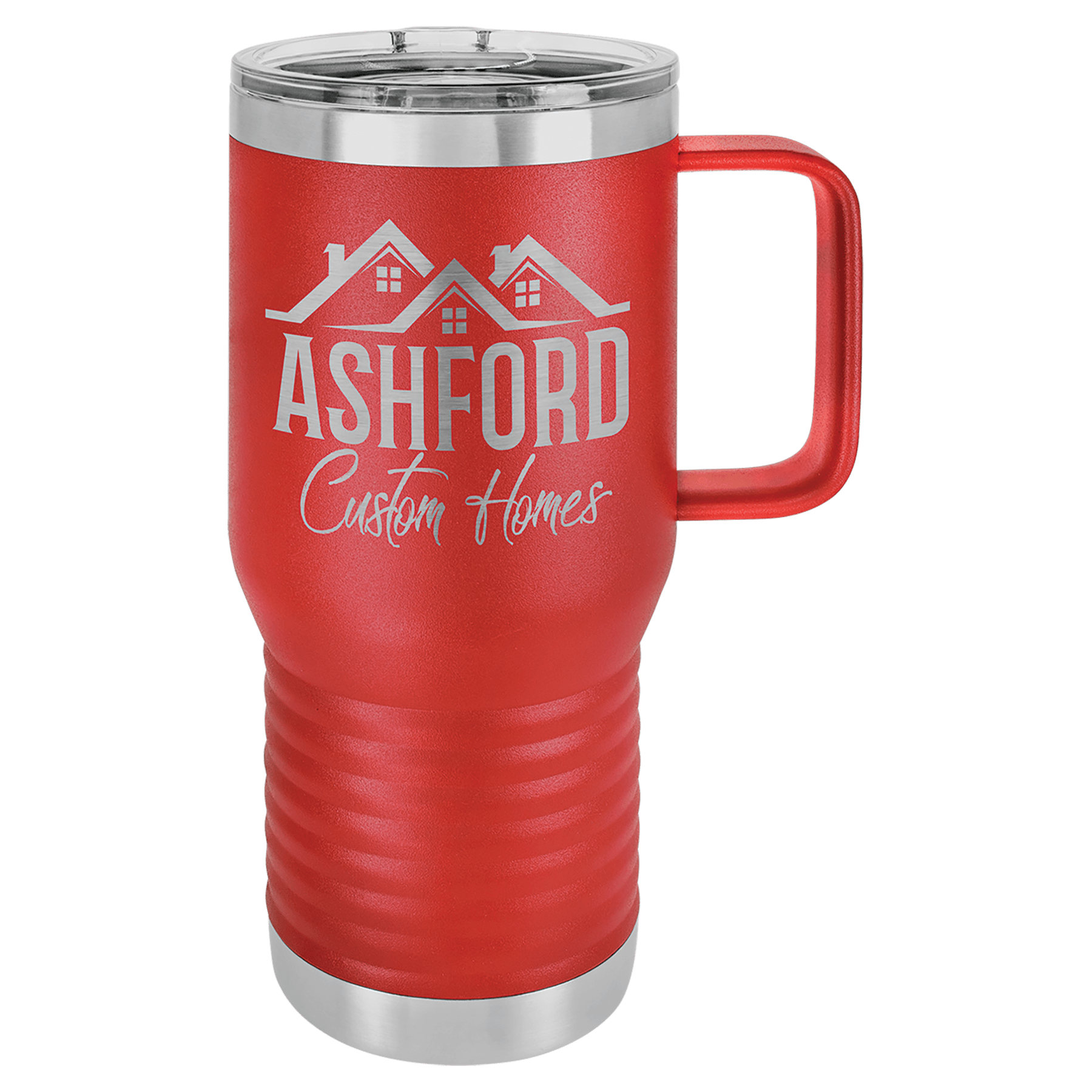 Red 20 oz. stainless steel travel mug with handle, clear slider lid, and "Ashford Custom Homes" logo.