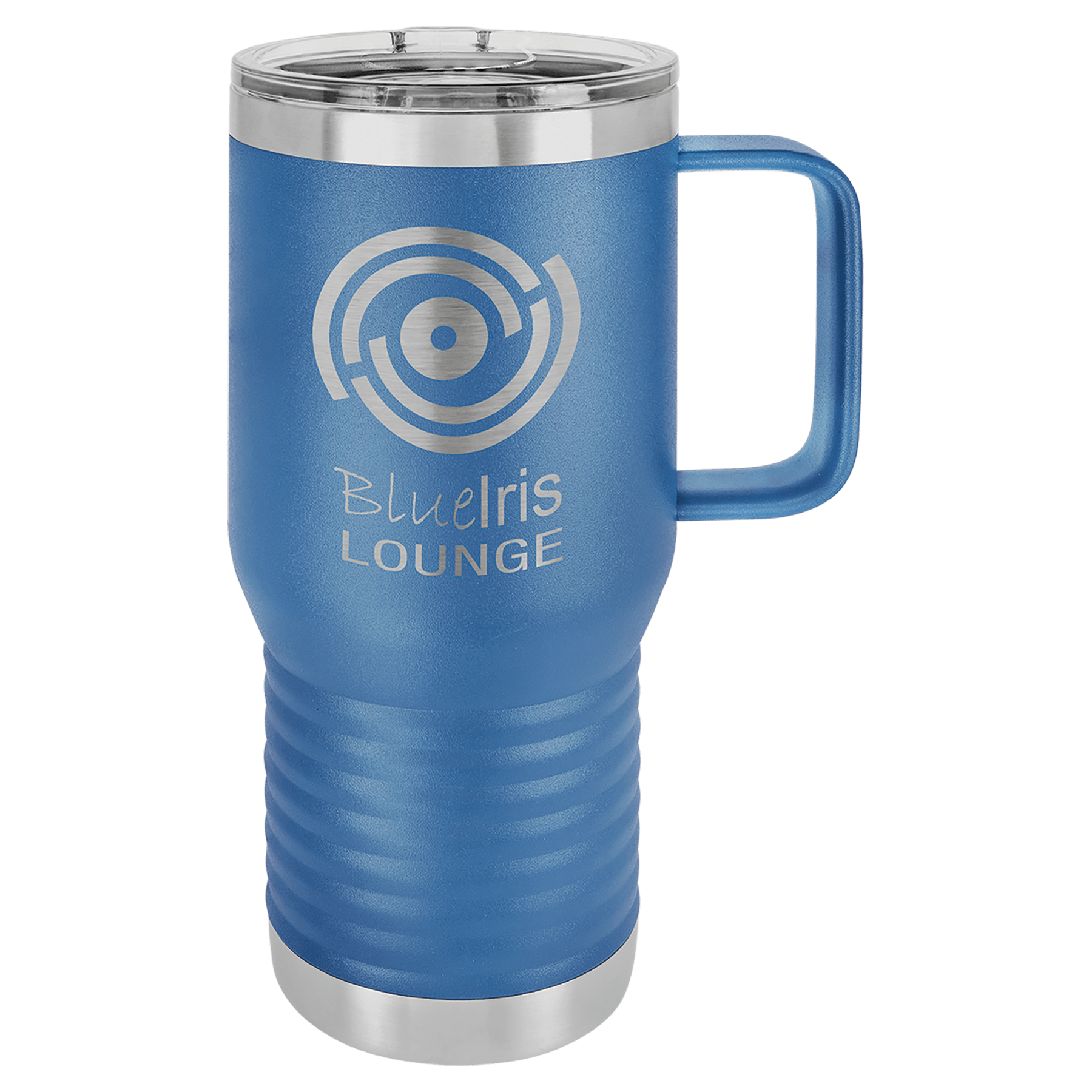 Blue 20 oz. stainless steel travel mug with handle, clear slider lid, and "Blueiris LOUNGE" logo.