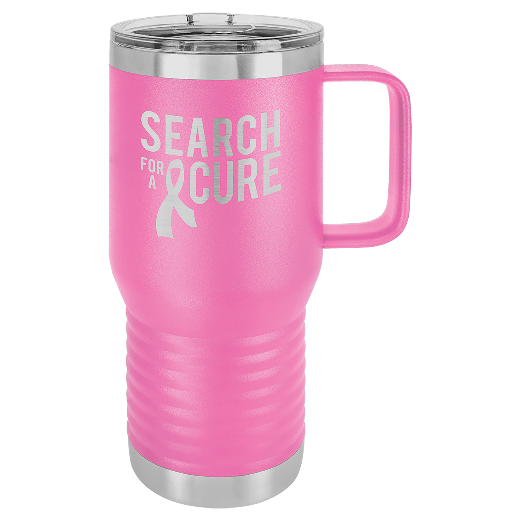 Pink 20 oz. stainless steel travel mug with "Search for a Cure" and ribbon design, slider lid, and handle.