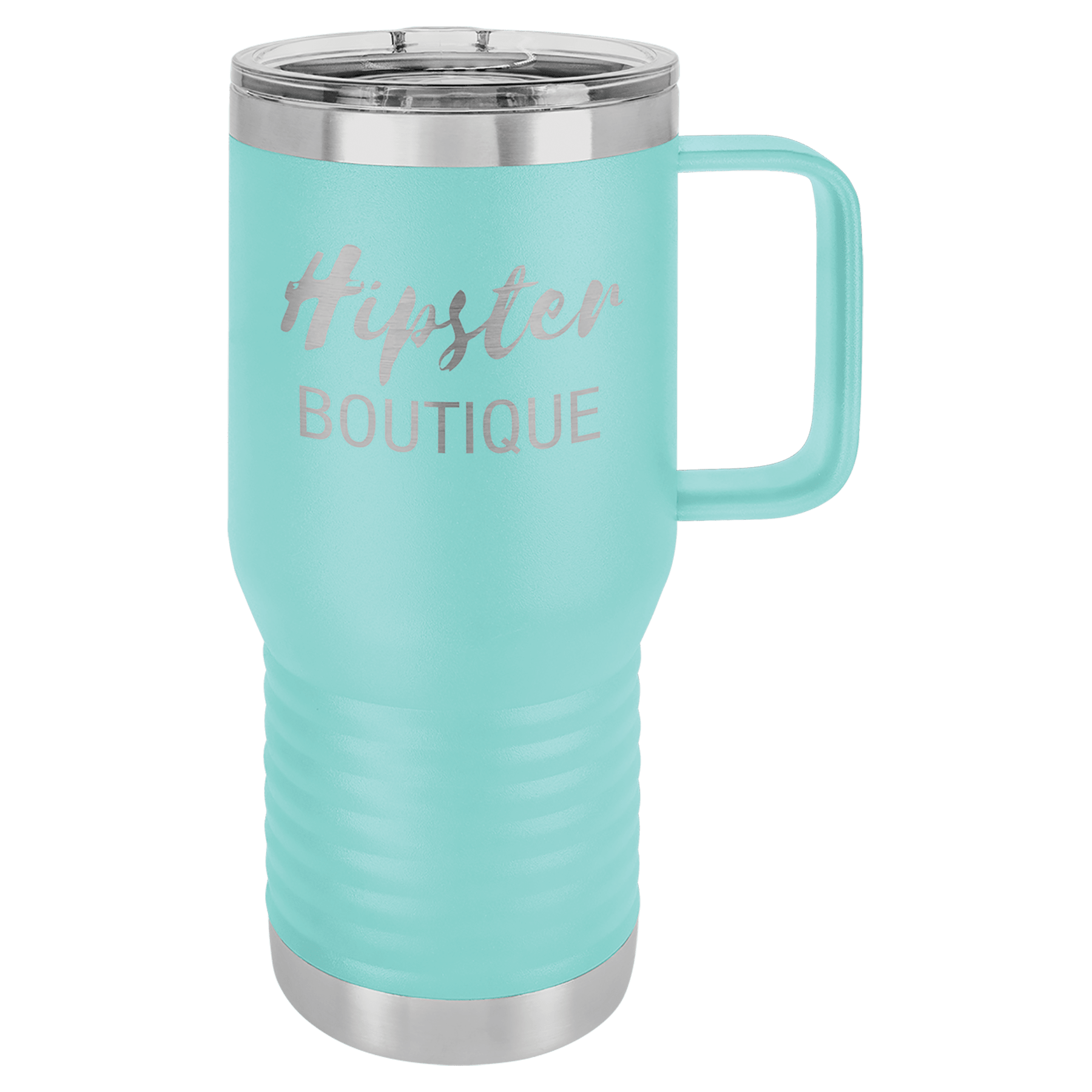 Aqua 20 oz. stainless steel travel mug with "Hipster BOUTIQUE" engraving and clear slider lid.
