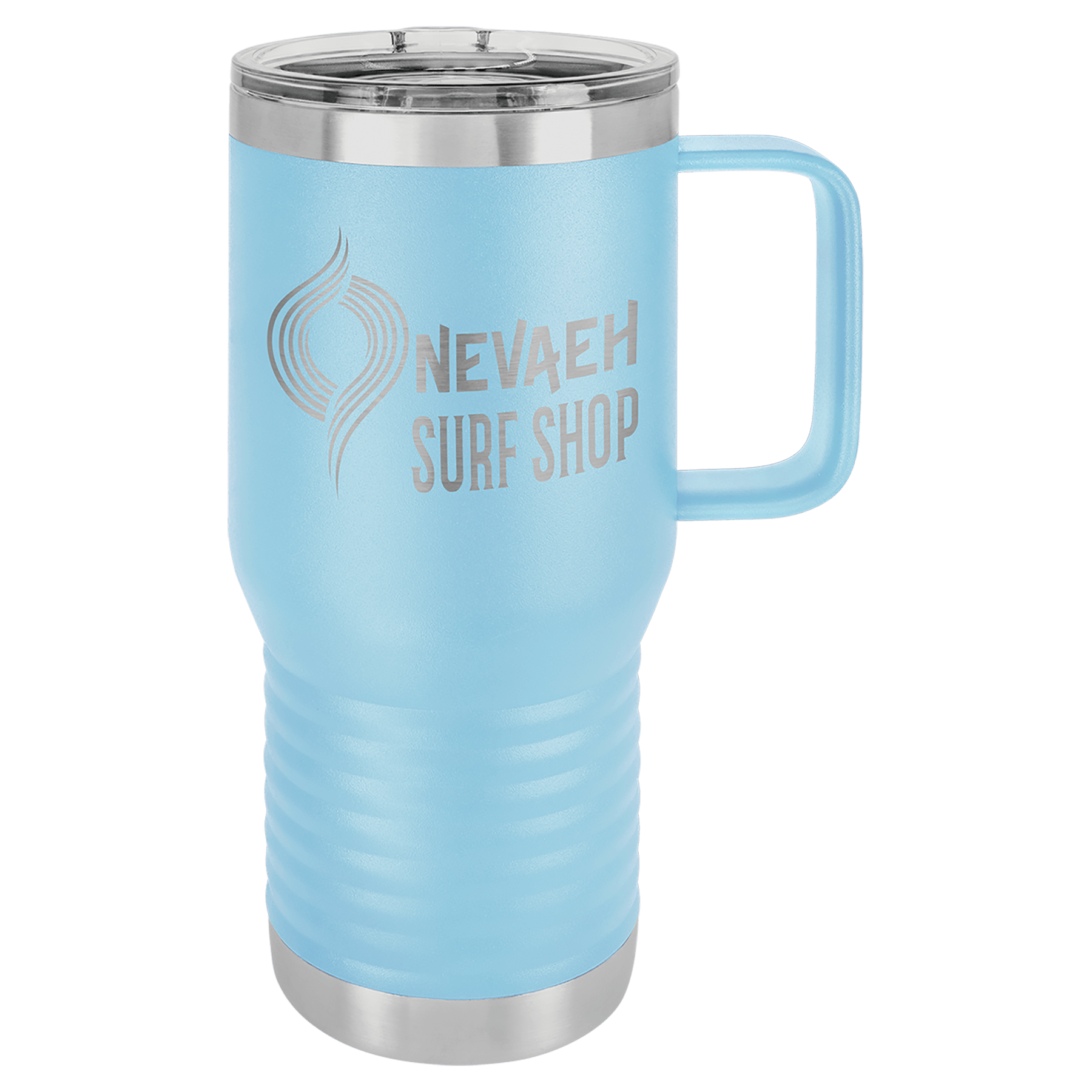Light blue 20 oz. stainless steel travel mug with handle, clear slider lid, and "NEVAEH SURF SHOP" logo.