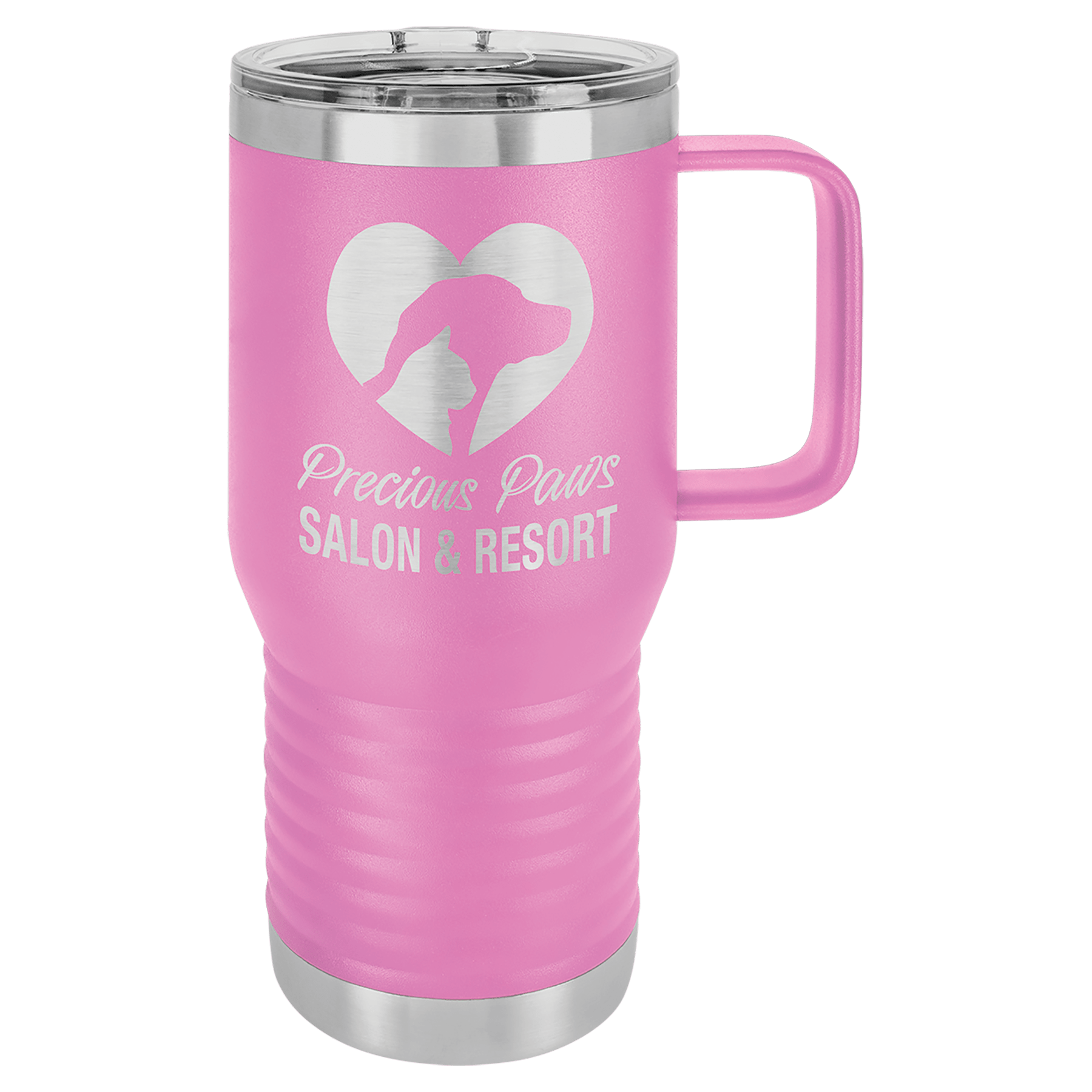 Pink 20 oz. stainless steel travel mug with handle, slider lid, and "Precious Paws Salon & Resort" logo.