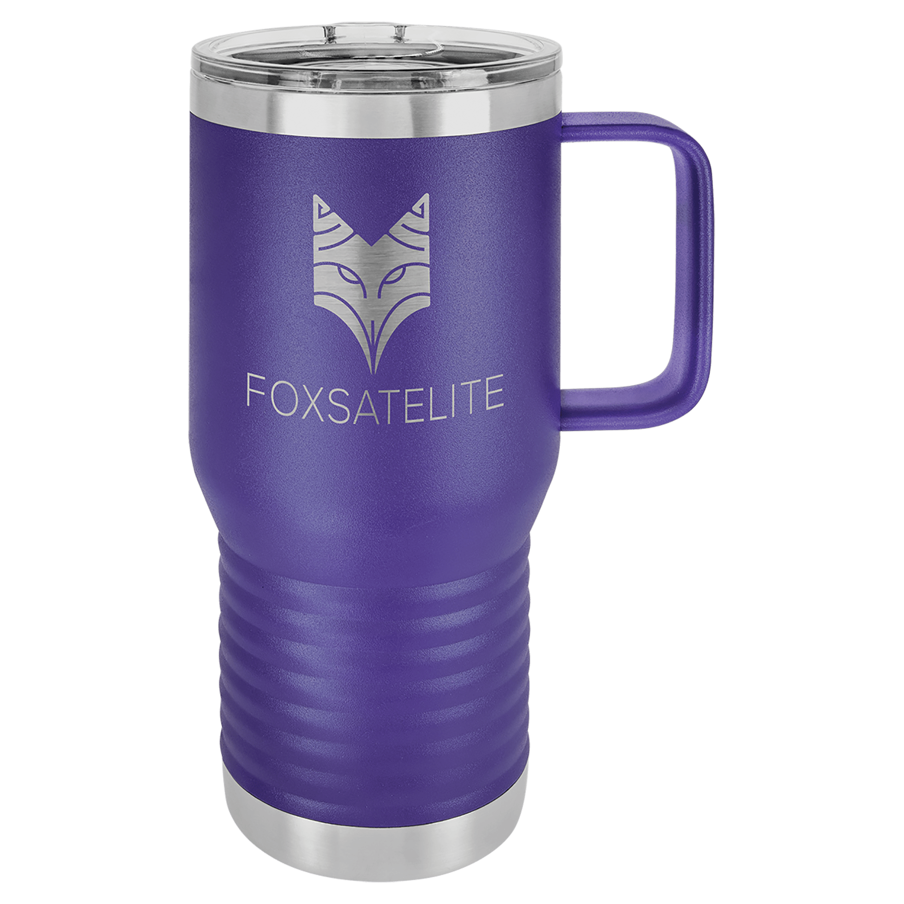 Purple 20 oz. stainless steel travel mug with handle, clear slider lid, and "FOXSATELITE" logo.