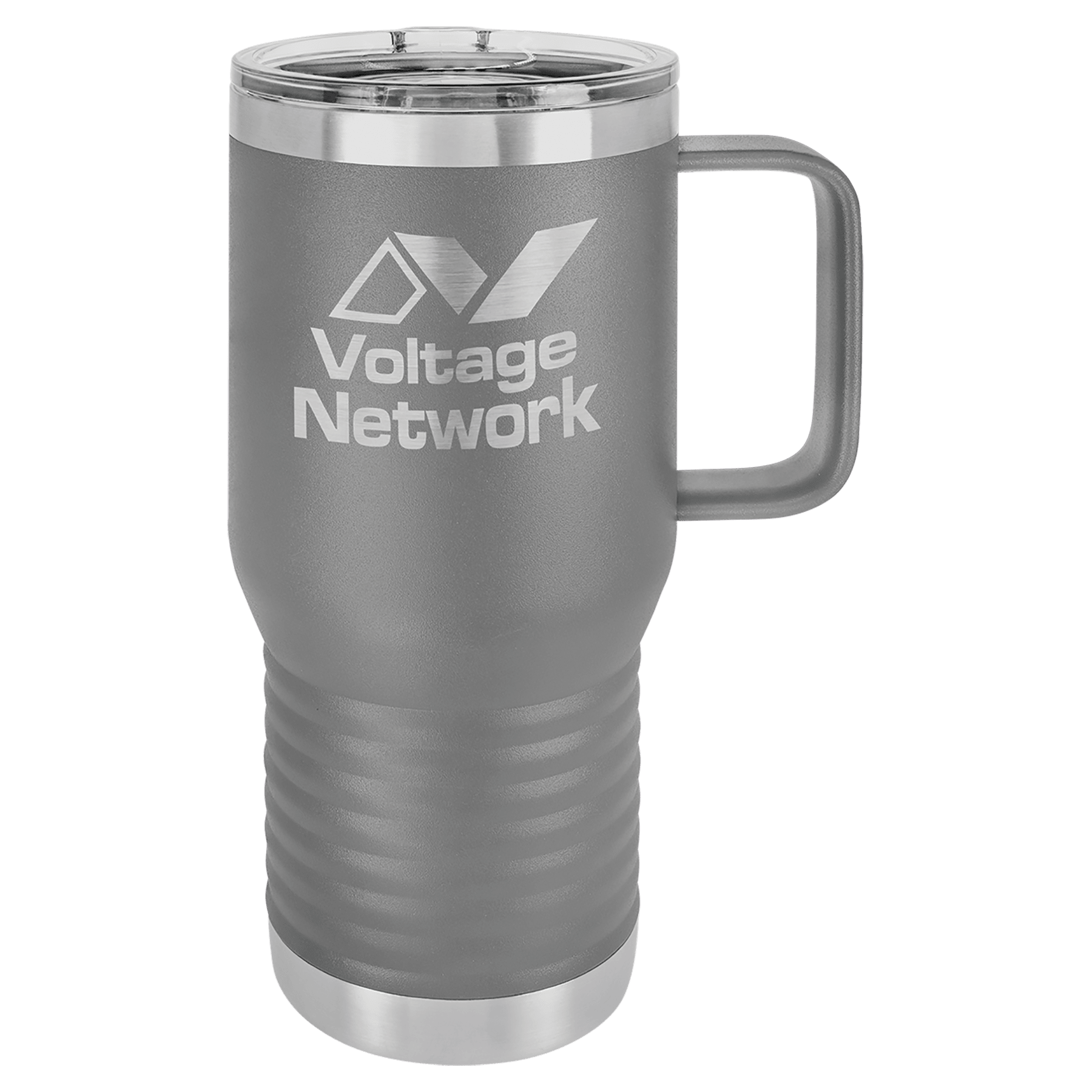 Gray 20 oz. stainless steel travel mug with handle, clear slider lid, and "Voltage Network" logo.