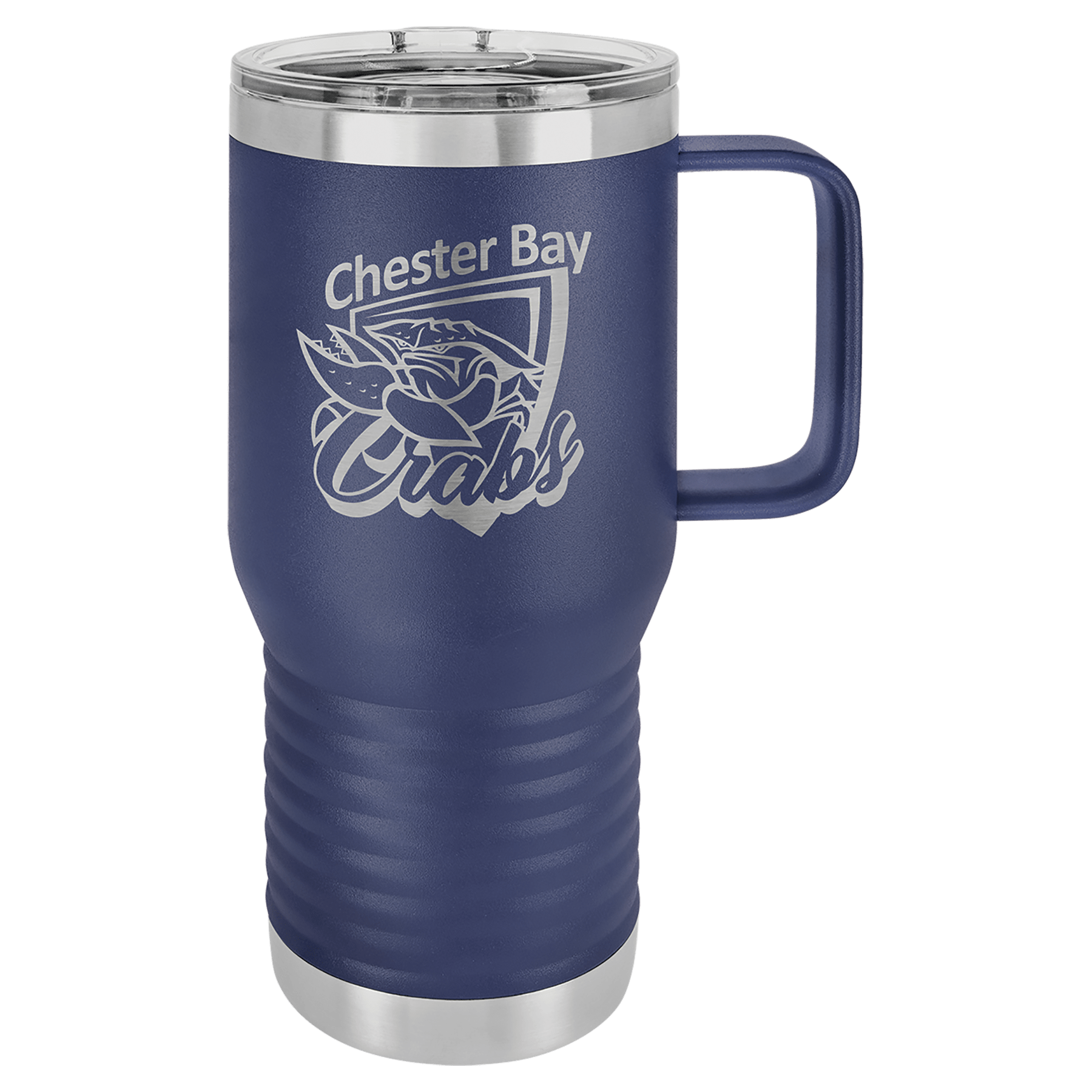 Navy blue 20 oz. stainless steel travel mug with handle, slider lid, and "Chester Bay Crabs" logo.