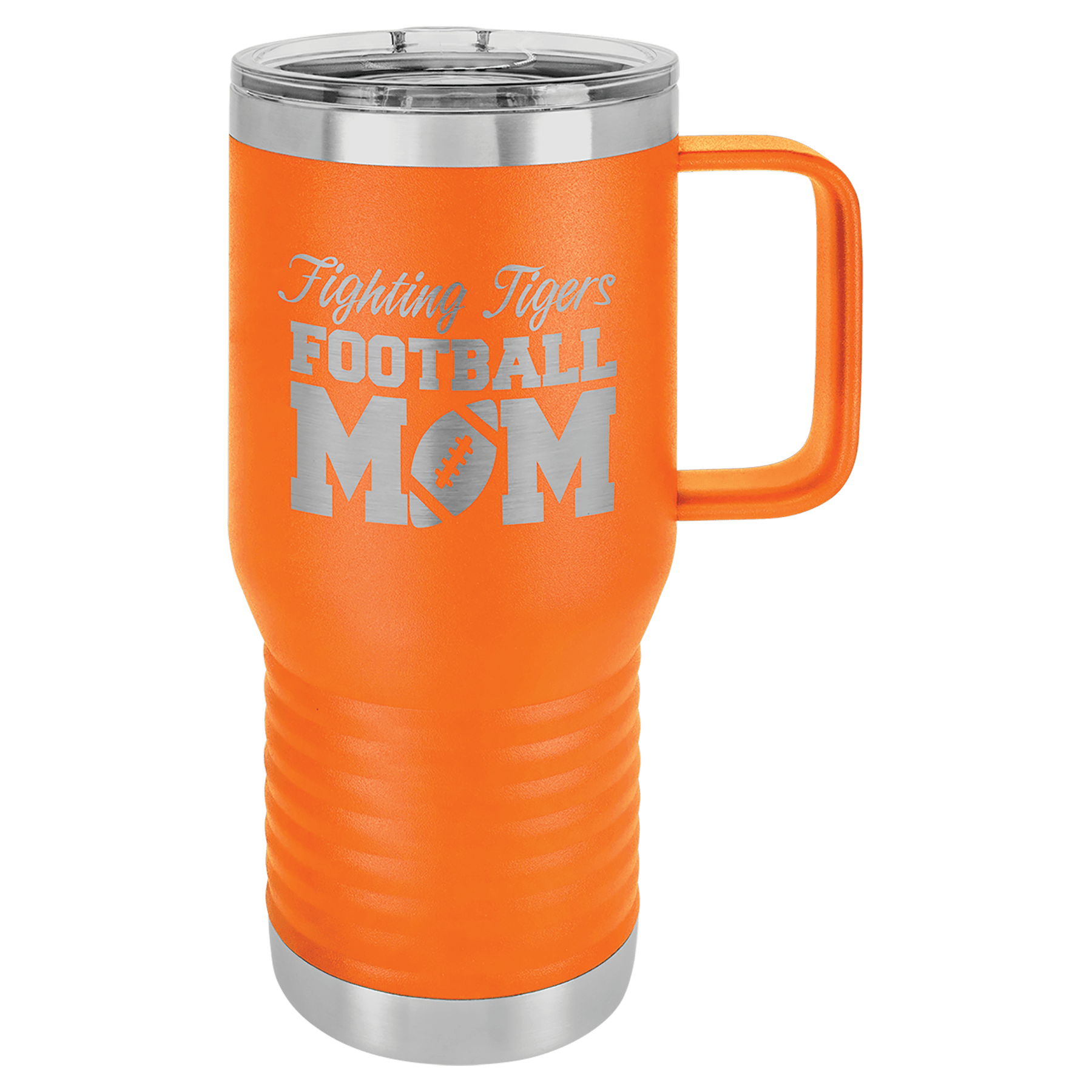 Orange 20 oz. stainless steel travel mug with "Fighting Tigers Football Mom" engraving and handle.