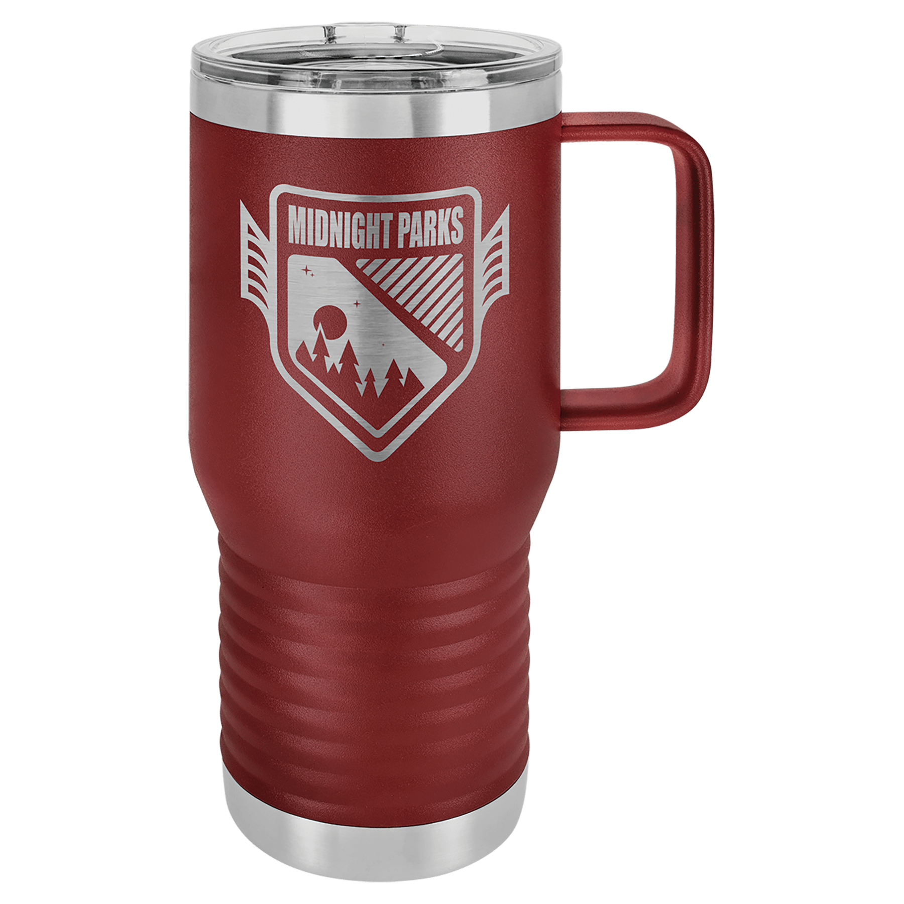 20 oz. maroon stainless steel travel mug with handle, clear slider lid, and "Midnight Parks" logo.