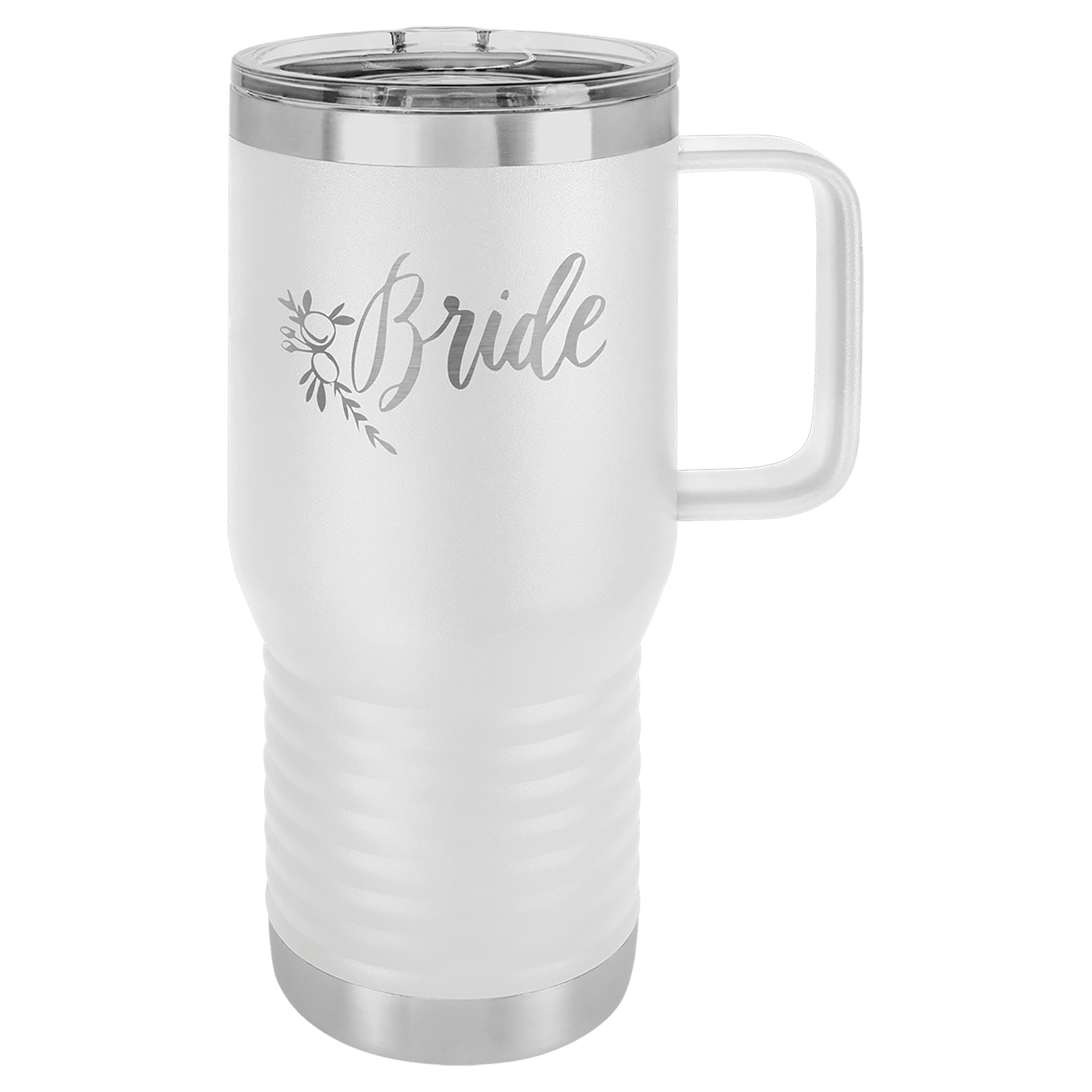 White 20 oz. stainless steel travel mug with "Bride" engraving, handle, and clear slider lid.