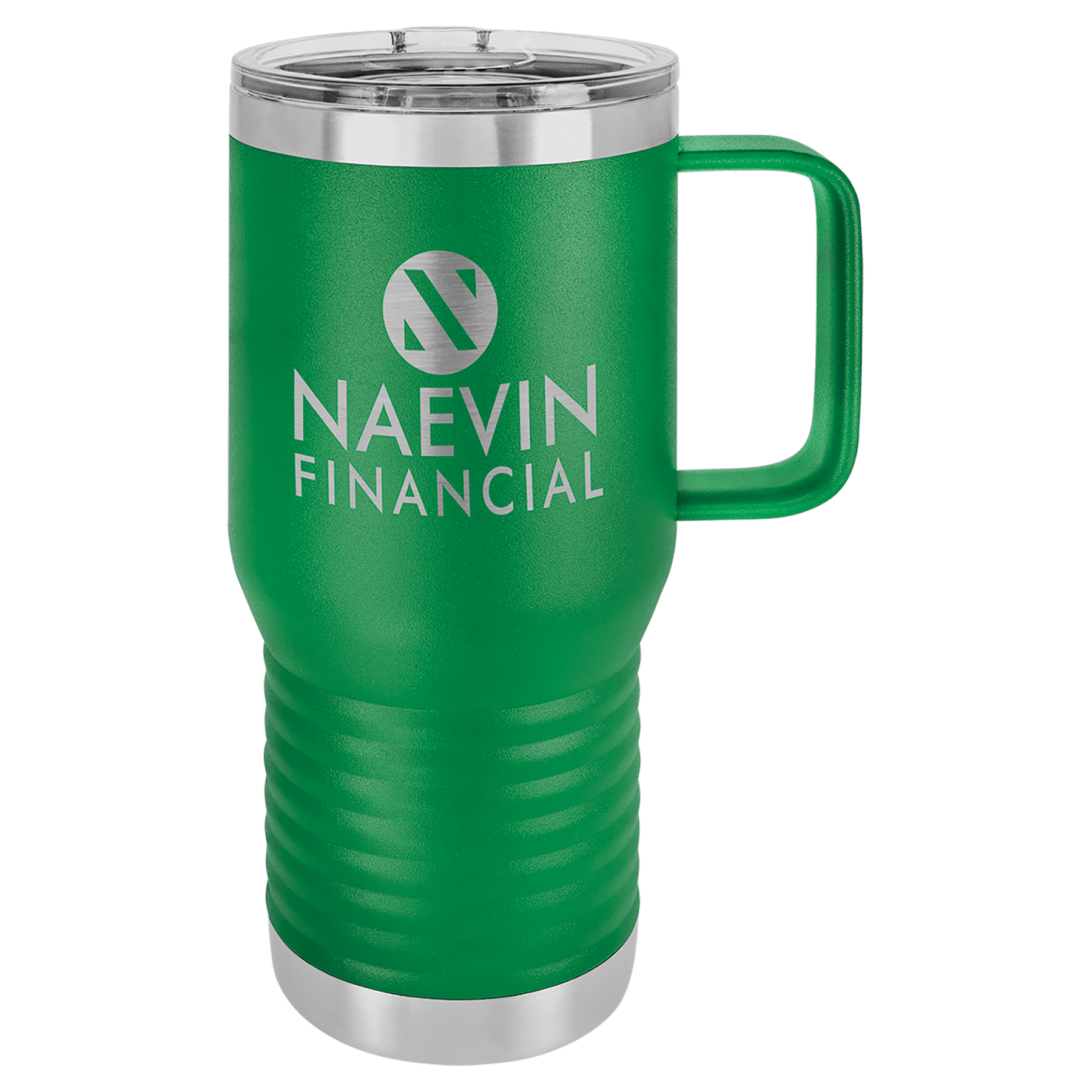 Green 20 oz. stainless steel travel mug with handle, clear slider lid, and "NAEVIN FINANCIAL" logo.