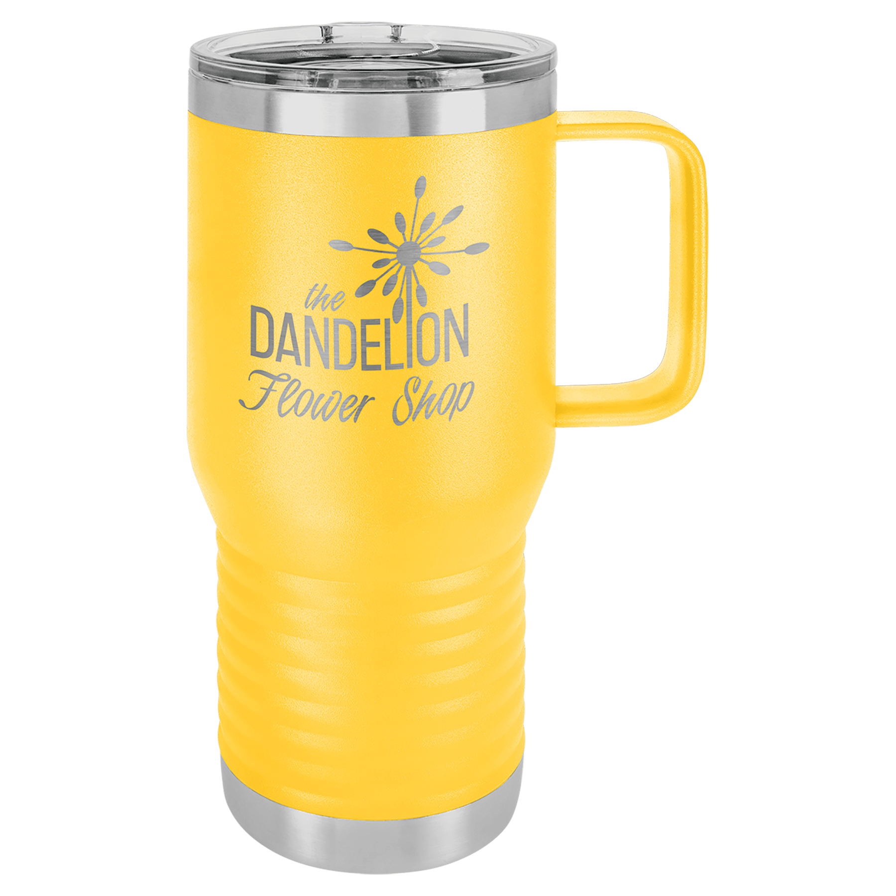 Yellow 20 oz. stainless steel travel mug with handle, clear slider lid, and "The Dandelion Flower Shop" logo.
