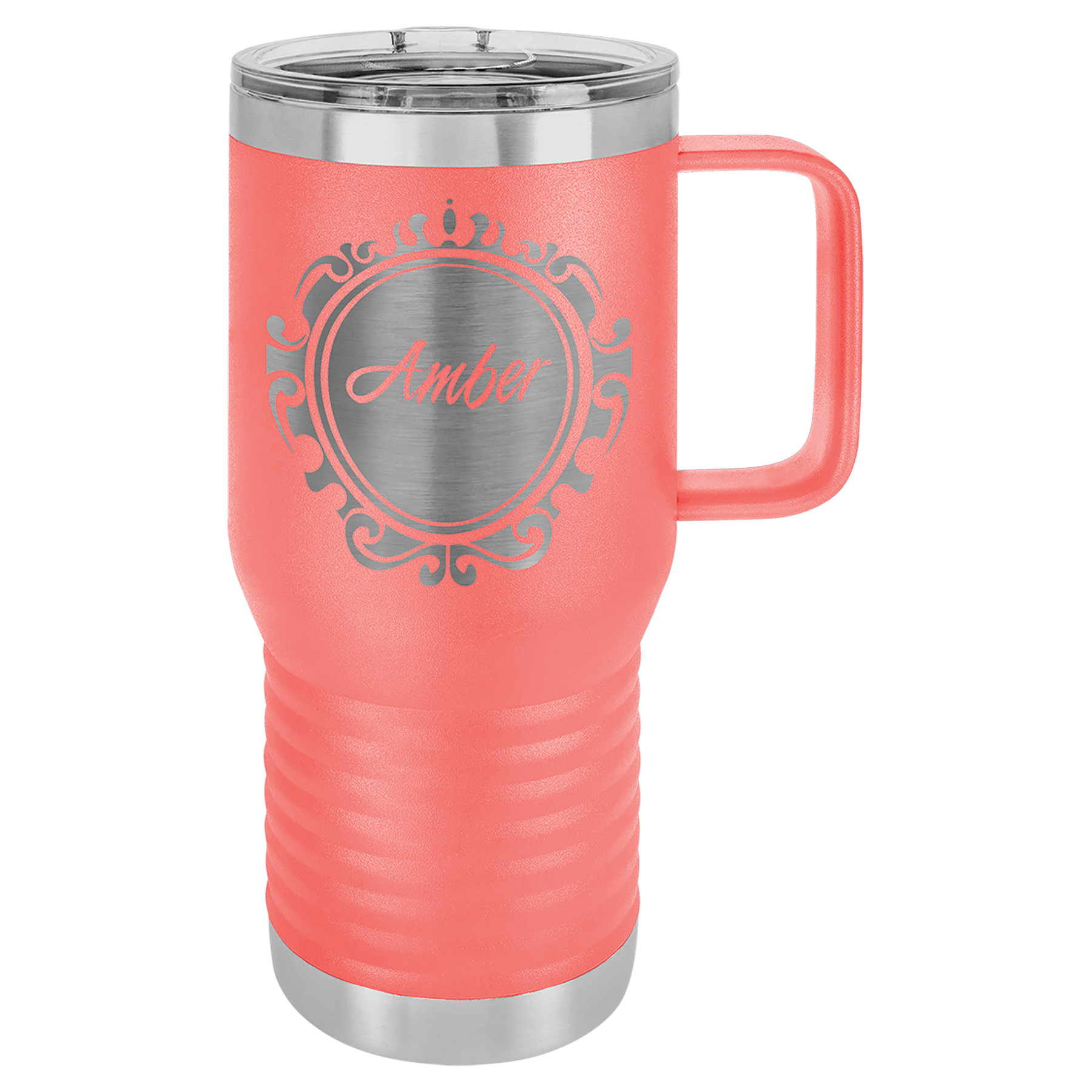 Coral 20 oz. stainless steel travel mug with handle, clear slider lid, and engraved "Amber" design.