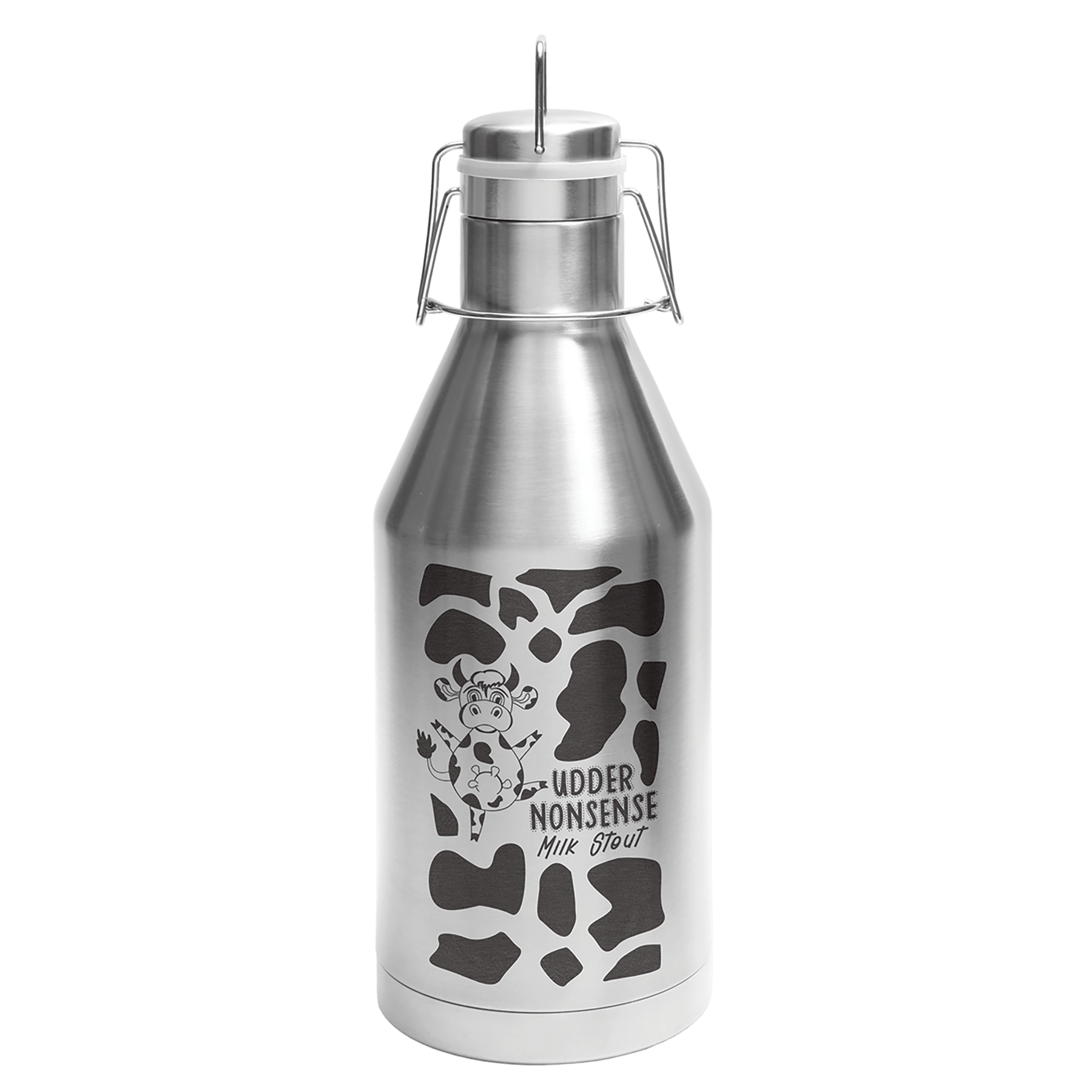 Stainless steel 64 oz. vacuum insulated growler with swing-top lid and "Udder Nonsense Milk Stout" cow design.