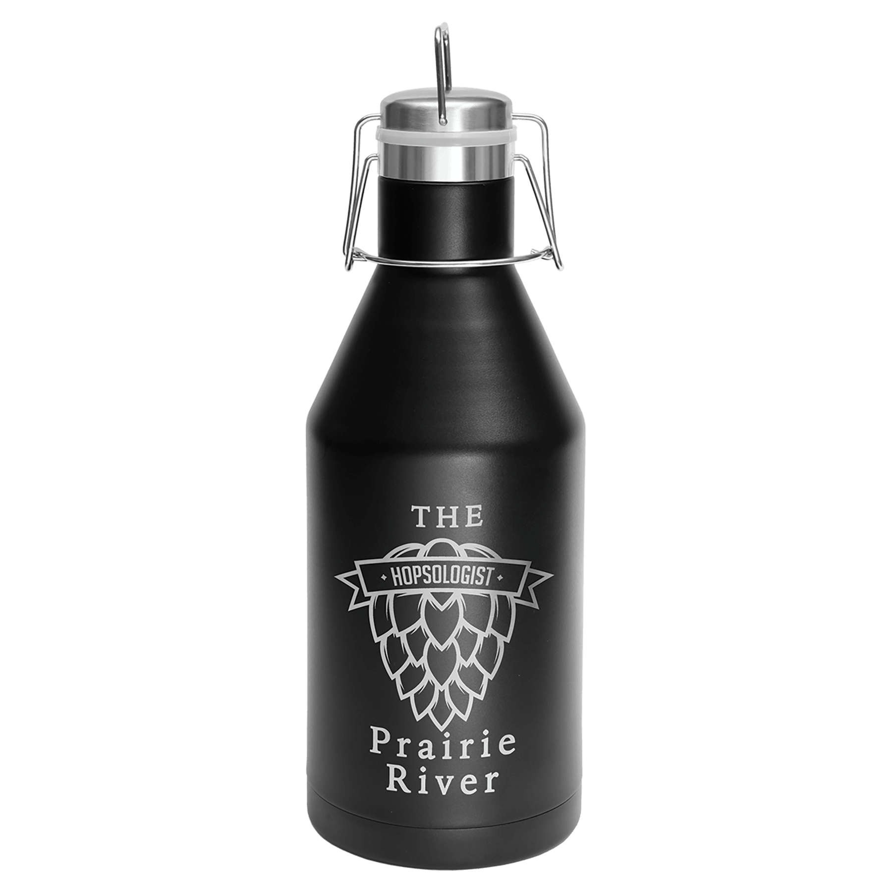 Black 64 oz. stainless steel vacuum insulated growler with "The Hopsologist Prairie River" design and swing-top lid.