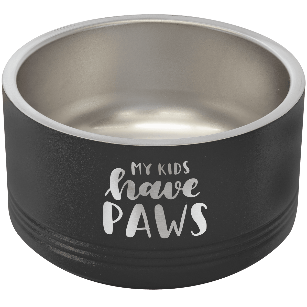 Black Polar Camel pet bowl with "My Kids Have Paws" laser engraved, stainless steel interior.