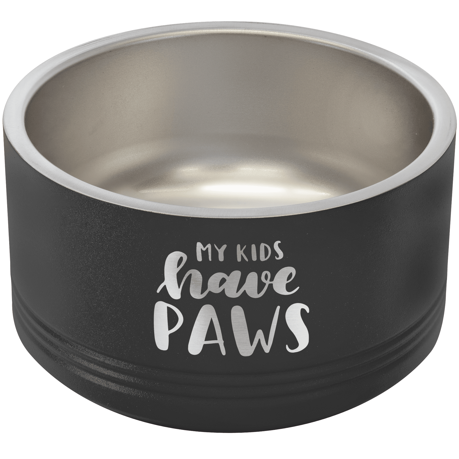 Black Polar Camel pet bowl with "My Kids Have Paws" laser engraved, stainless steel interior.