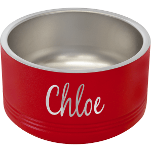 Red Polar Camel pet bowl with "Chloe" laser engraved, stainless steel interior, and non-slip base.