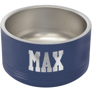 Navy blue Polar Camel pet bowl with "MAX" laser engraved on the side and a stainless steel interior.