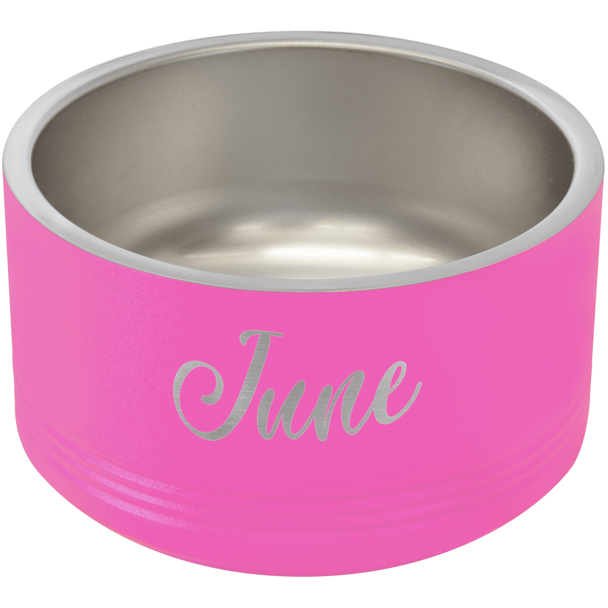 Pink Polar Camel pet bowl with "June" laser engraved, stainless steel interior, and non-slip base.