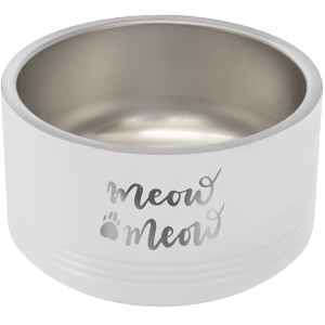 White Polar Camel pet bowl with "meow meow" and a paw print laser engraved, stainless steel interior.