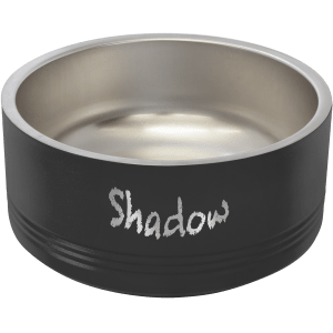 Black Polar Camel pet bowl with "Shadow" laser engraved, stainless steel interior, and non-slip grip.