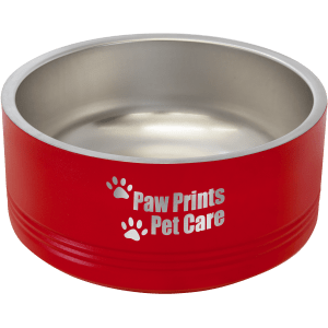 Red Polar Camel pet bowl with stainless steel interior and "Paw Prints Pet Care" laser engraving.