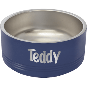 Navy blue Polar Camel pet bowl with "Teddy" laser engraved on the front, stainless steel interior.