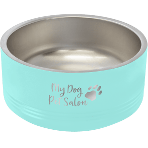 Aqua Polar Camel pet bowl with "My Dog Pet Salon" and paw print laser engraved, stainless steel interior.