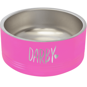 Pink Polar Camel pet bowl with "DARBY" and a heart laser engraved, stainless steel interior.