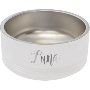 White Polar Camel pet bowl with "Luna" laser engraved, stainless steel interior, and non-slip grips.